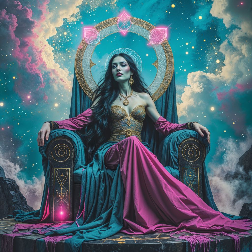 A dark-haired mythic queen sits in composed authority beneath a large geometric halo, the sky alive with stars and color. The image anchors the mythic register of The Mortal Testament — presence, necessity, and the quiet weight of a figure who remains seated while the larger pattern moves.