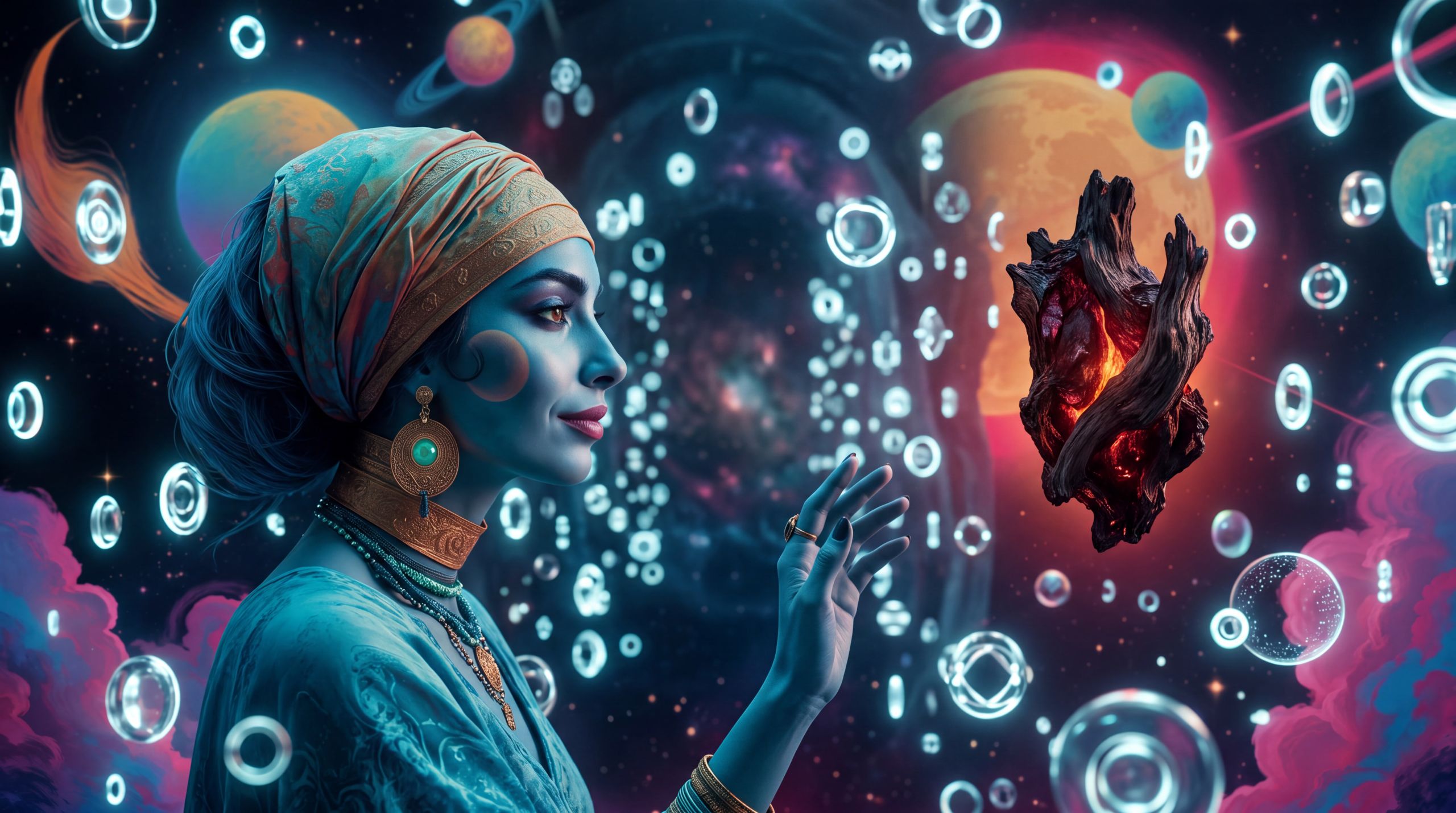 Ananke moves through a marketplace of polished, weightless content and turns toward a single irregular object that still pulses with real feeling. The image holds the discernment that can still distinguish substance from frictionless fluency.