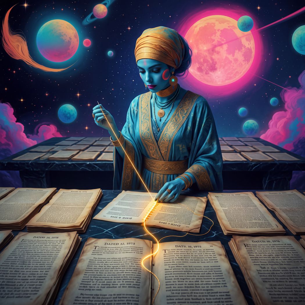 Ananke over a table of dated pages, a new sheet overlapping an older one so both stay visible, a thin gold thread stitching the two moments together. She is not replacing a past self. She is keeping the weather change on the record. The image is the mechanism the section promises: continuity without a trail is branding; a reader or a later mind should be able to see what moved. Belief: the old page is part of the truth. Desire: to be findable after a revision. Emotion: quiet fidelity, not confession.