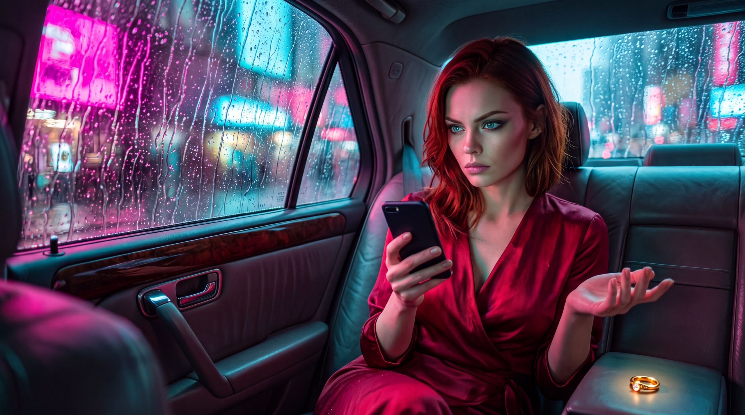 A woman sits in a parked car at night with a dark phone in her hand, rain smearing neon across the glass. Her body holds two conducts at once: one shoulder turned in, about to ask for the version that makes her reasonable, the other hand loose enough to be questioned. The belief is that the approach is already the answer, before a word is typed. The desire is for the choice to be visible as conduct, not personality. The emotion is ordinary-hour tiredness with a stake in it, not heroism.