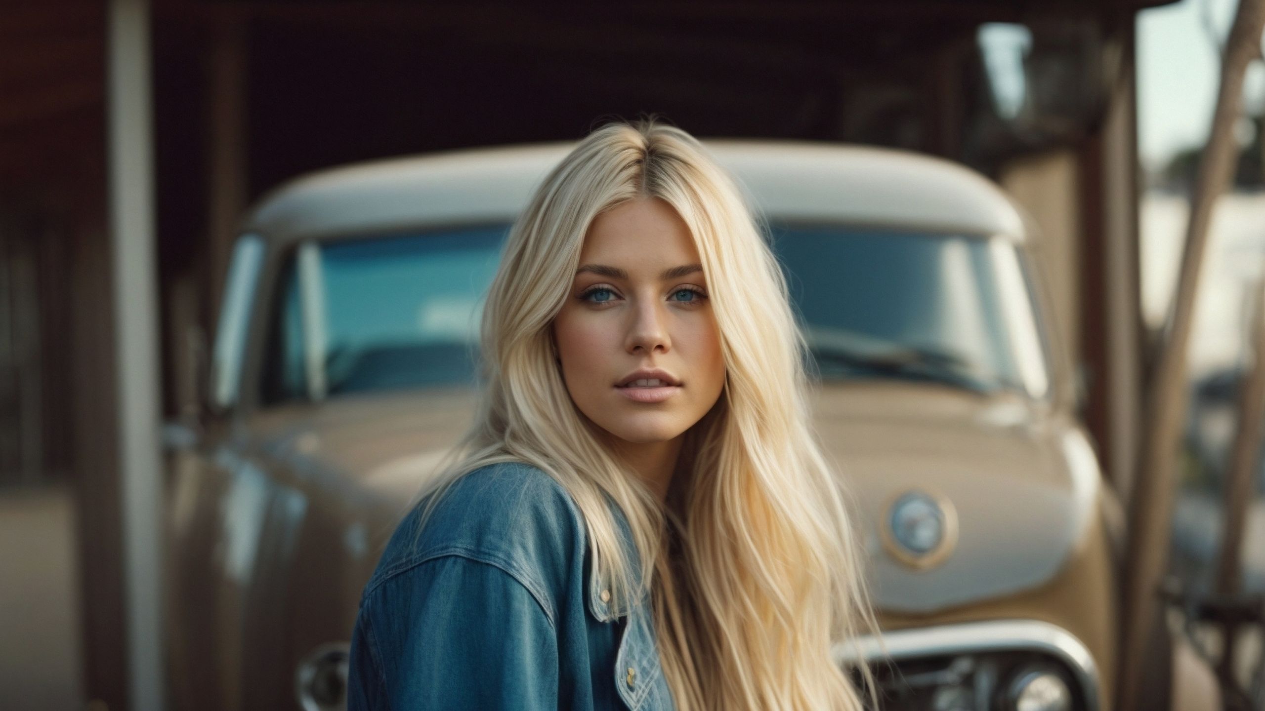 A photo-realistic image of Stevie Pearl standing in front of a classic car. Candid shot of her turning to face the camera.
