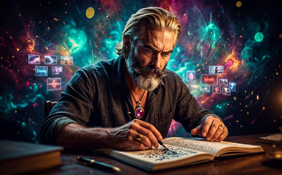 A hand adorned with gold bracelets and rings extends one finger to a plasma globe filled with blue and magenta arcs. The lightning meets the fingertip in a bright point of contact against a deep teal cosmic background. The image isolates the pure act of intentional touch — the moment a decision becomes physical, and potential answers.