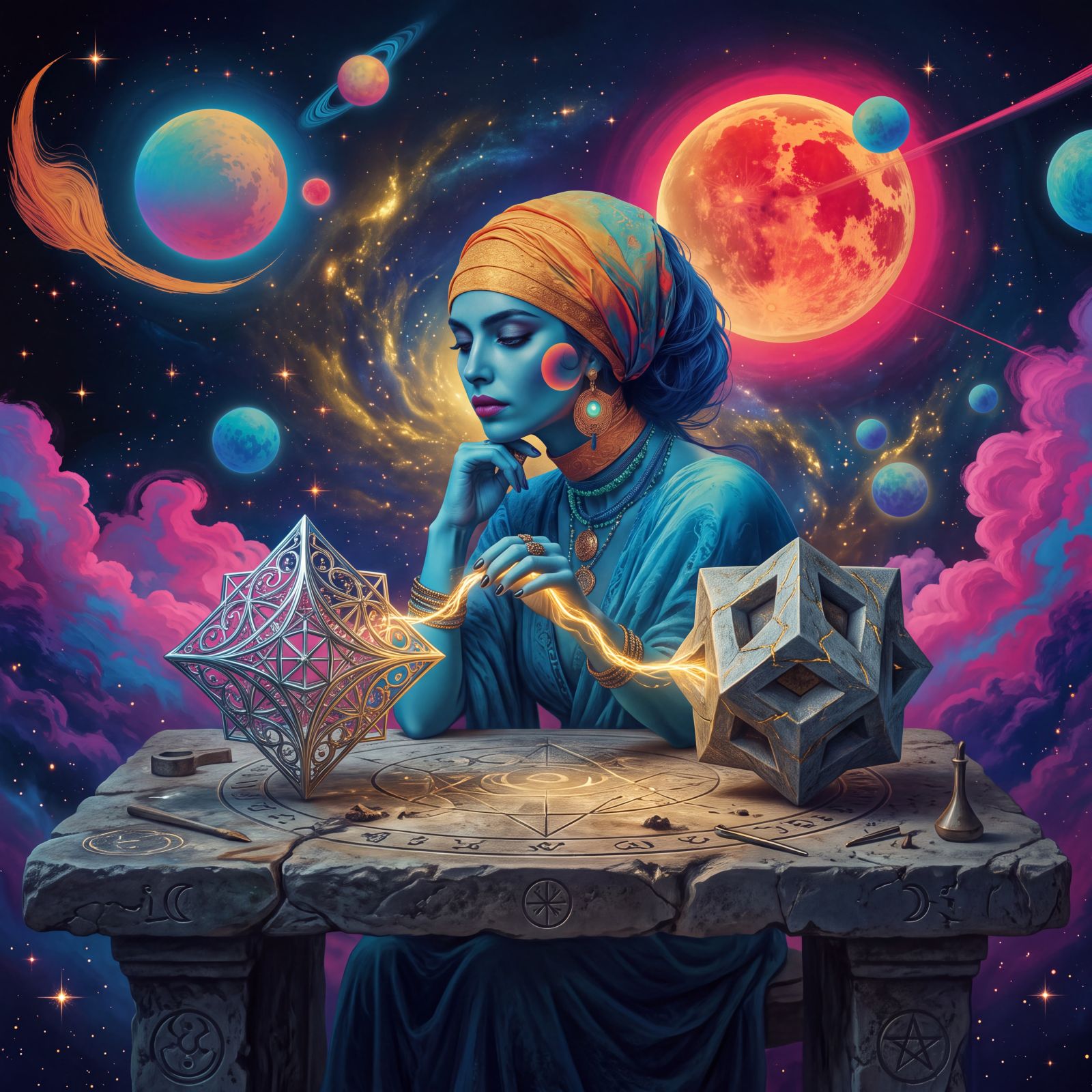 Ananke sitting with two objects, she’s analyzing each. One field spare and architectural, one mythic and high-chroma with the globe recognized as artifact. The separations are the subject. The image teaches the reading contract before the sentences do: argument, image, and field note are different registers, and leaking them into each other is how a metaphor becomes a false claim. Belief: distinction is care. Desire: to keep the edges visible. Emotion: exactness, not spectacle.