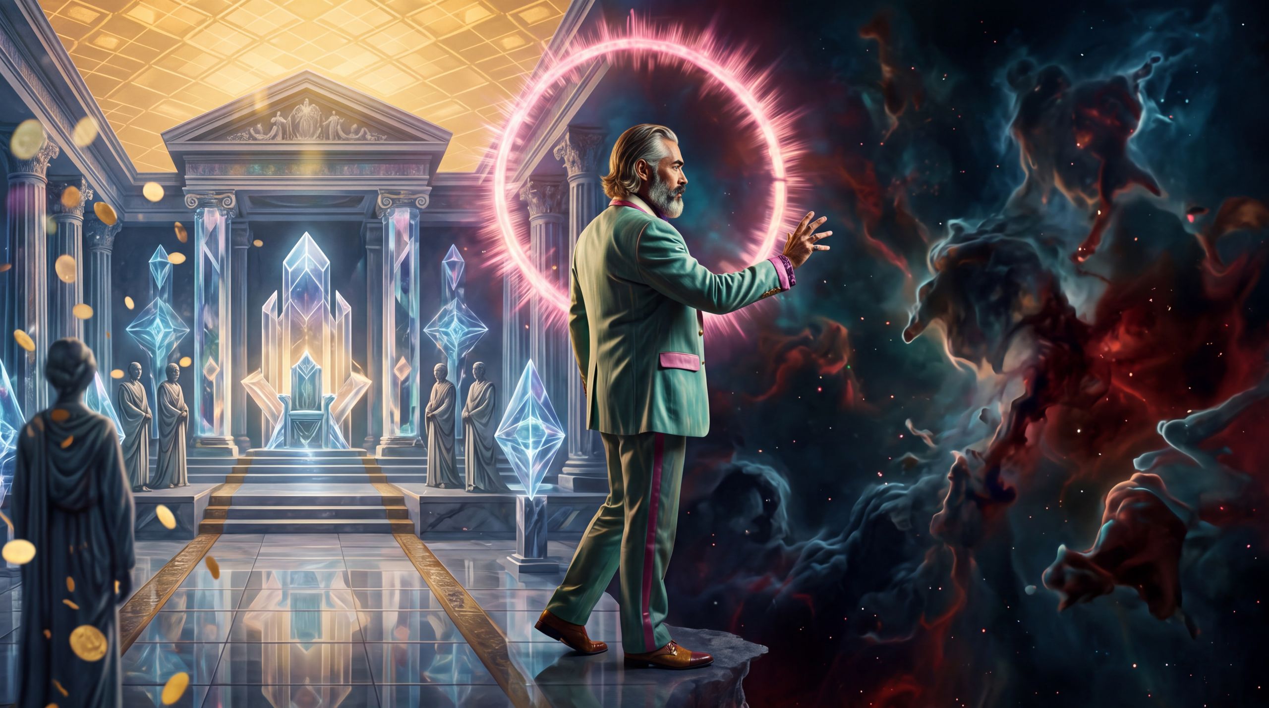 A mythic figure turns from the symmetry of the approved toward a wilder region where forms remain unnamed. The image carries the quiet courage of choosing the unnameable over the already acceptable.