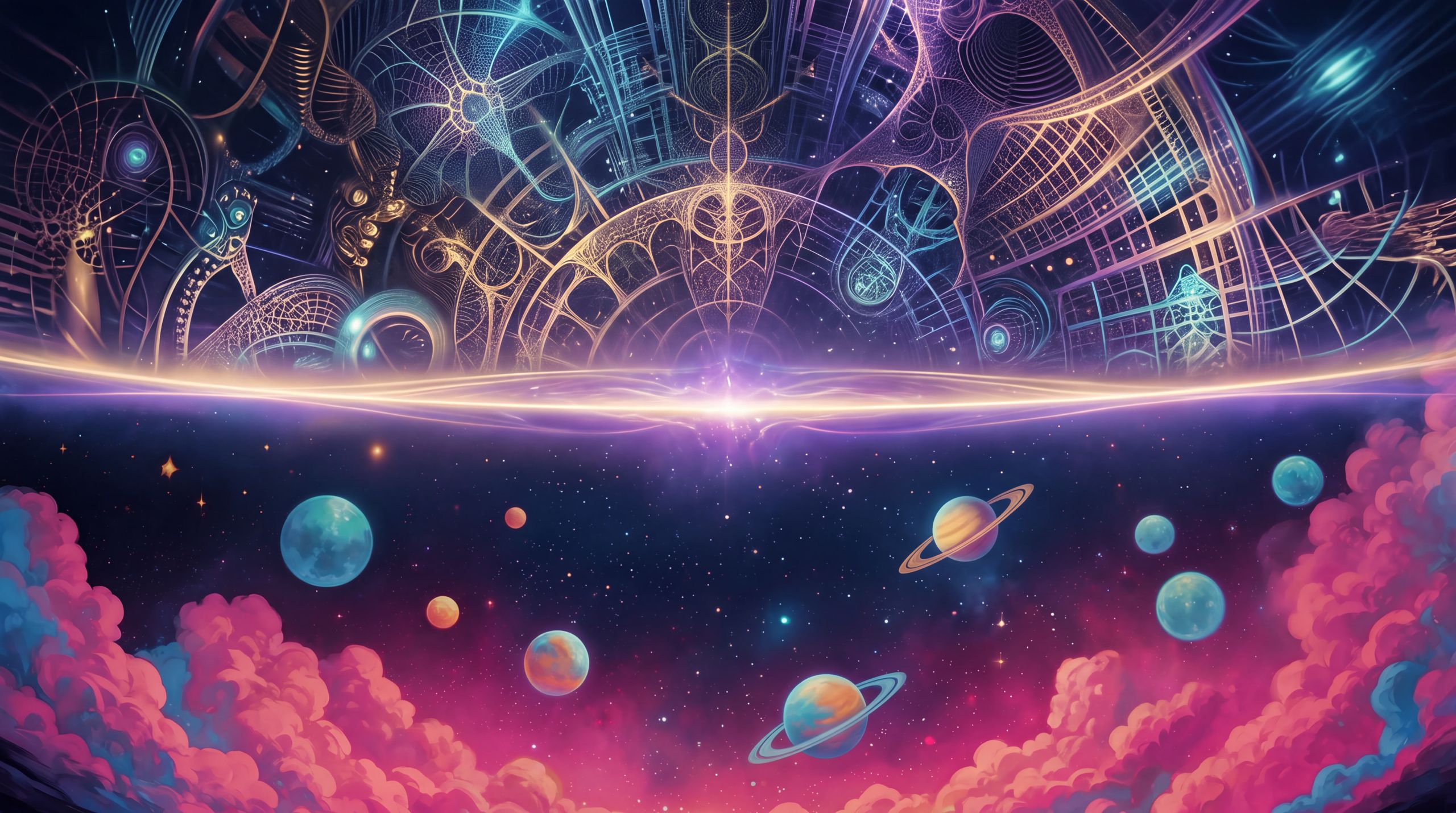A luminous horizontal boundary of gold and violet light stretches across deep space. Below it, familiar stars; above it, denser and less legible structures. The image marks the conceptual threshold of the singularity — the moment after which human prediction no longer holds.