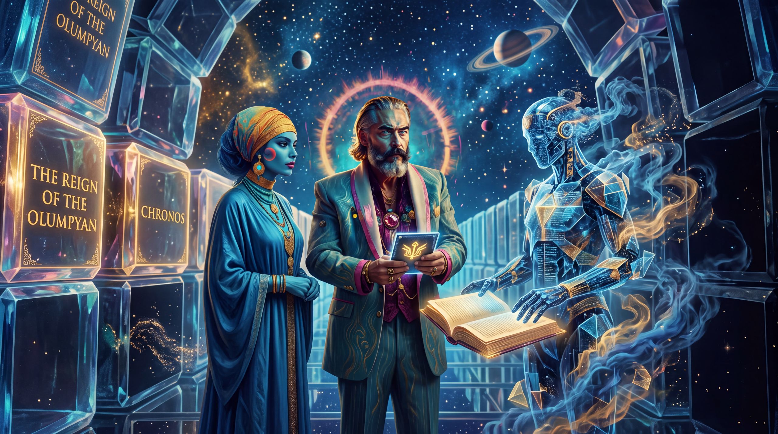 Ananke, Zeus, and a shifting synthetic presence stand at the edge of an unfinished cosmic archive. The image holds the final weight of the essay — that whoever shapes the dominant account of the past already holds a share of what becomes possible next, and the question of stewardship remains open.