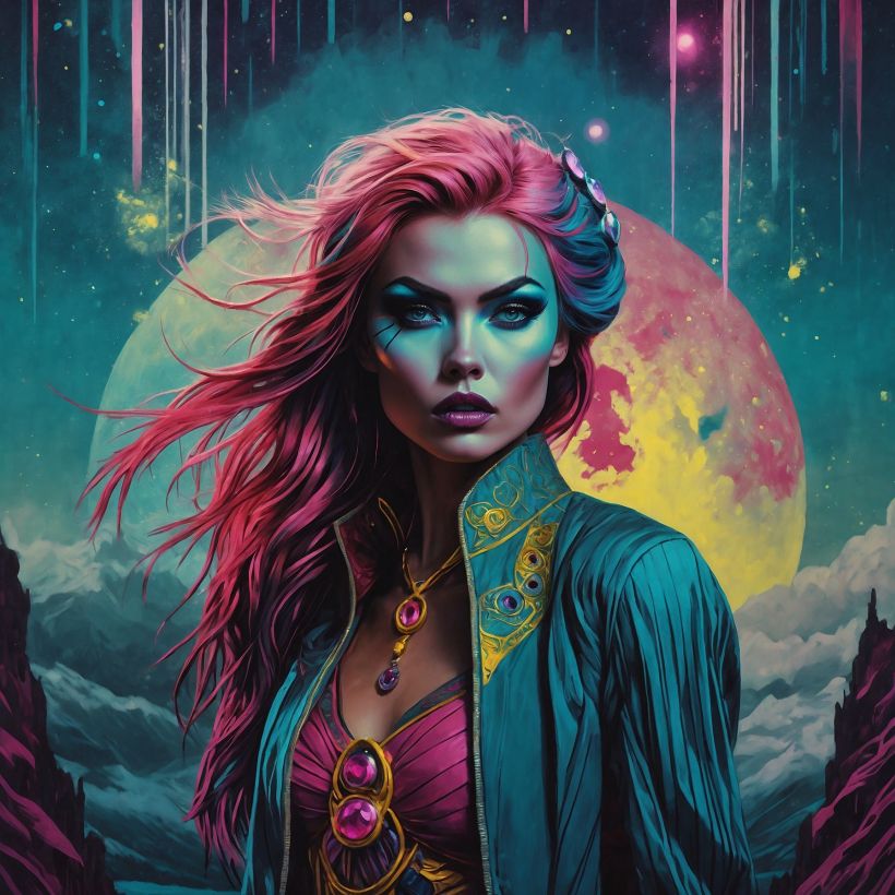 Belief: a character can change register without becoming someone else. Desire: to carry Hera into night, wind, and a painted moon and still have the gaze hold. Emotion: weather and will — pink hair tearing sideways, coat like armor, the planet behind her too large to be decoration. This is the version that does not ask the sky for permission.