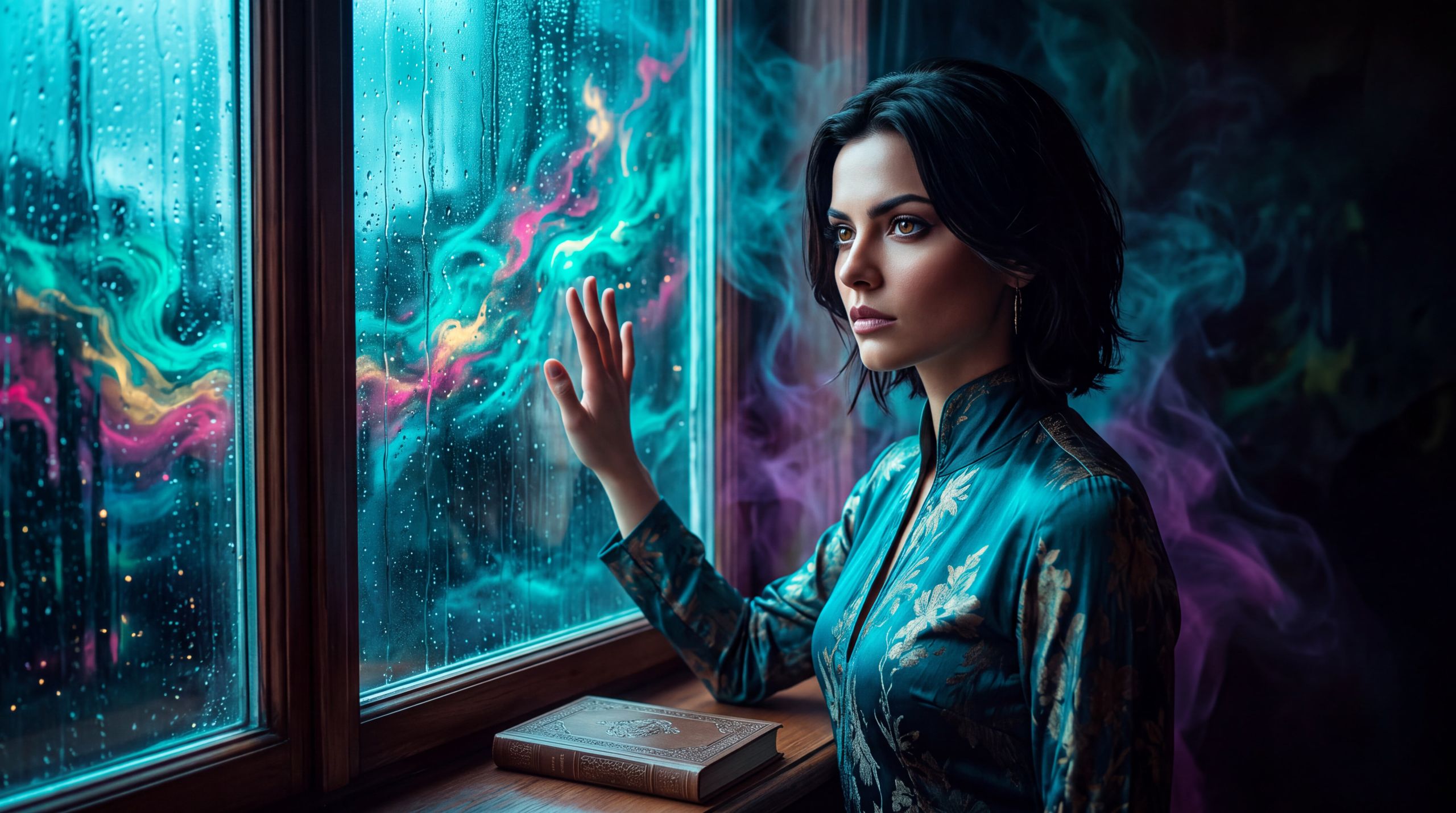 A woman stands alone at a rain soaked window. Night consumes the city below. Light moves around her.