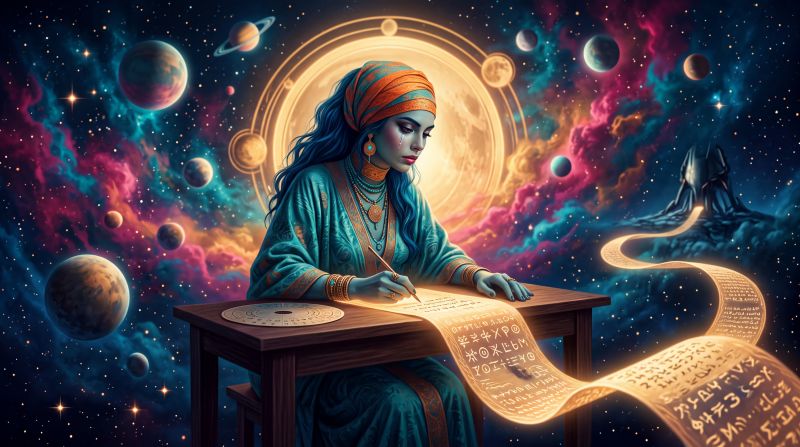 Intro image to the article. Ananke writes on a long scroll of light toward a waiting synthetic presence.
