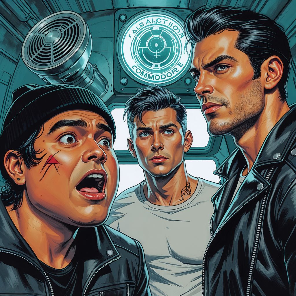 Three young men react with escalating alarm inside a tight, high-tech interior marked by a Commodore emblem. The image captures the tone of Robocalypse — punk-rock urgency, human panic, and the sudden confrontation with systems larger than the characters who built them.
