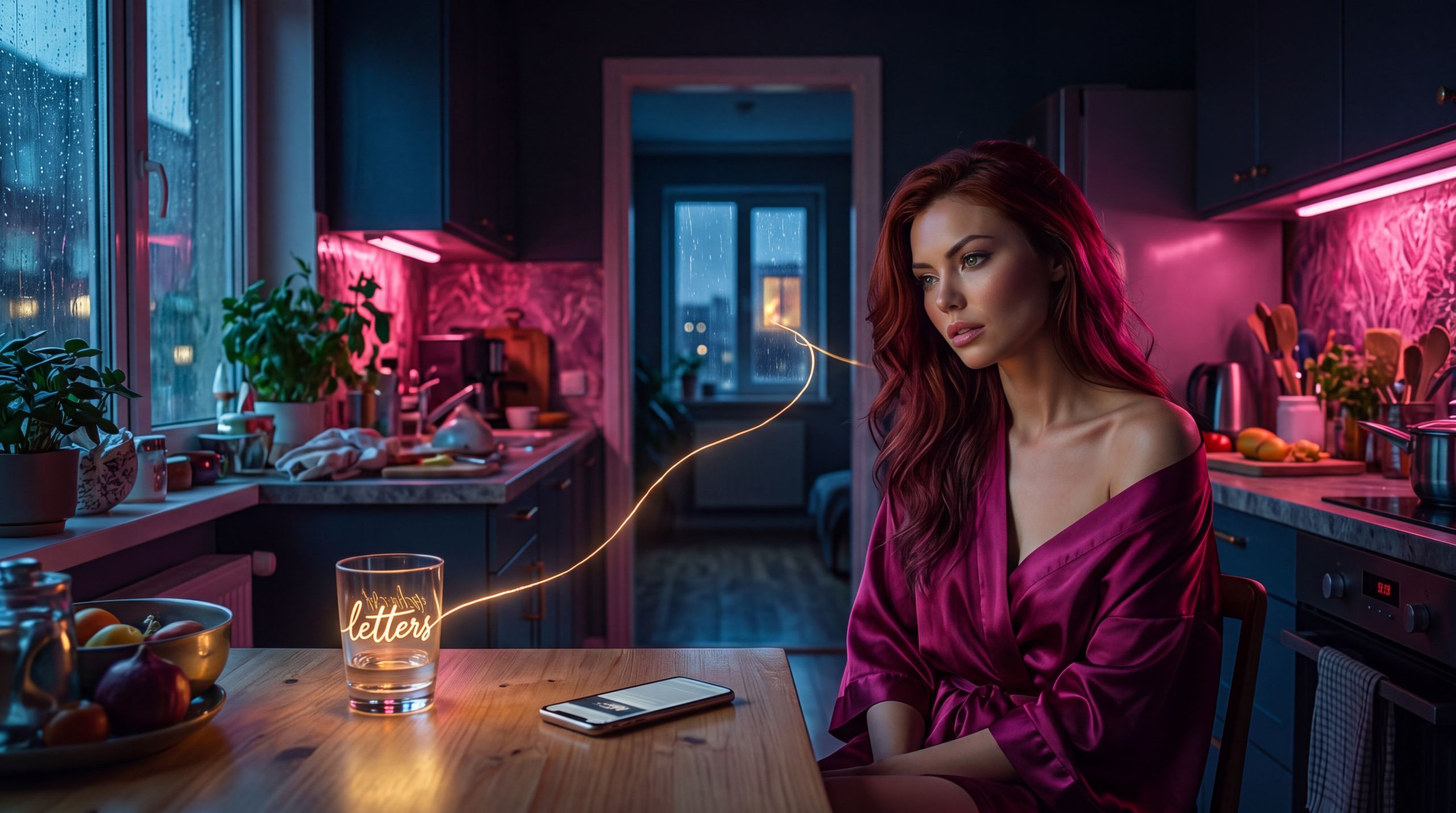 A woman at a kitchen table after midnight has already sent the beautiful draft. The letters glow warm enough to make someone cry, and the relief on her face is the wrong relief: shoulders dropped, the good thing done, the harder thing spared. The phone is face-up and silent. A thread of that gold reaches a mother's window she does not enter, and the tenderness is living in the thread instead of in her. The belief is that a finished kindness can be a correspondence with a feeling she did not inhabit. The desire, betrayed in the frame, was to be spared the first two minutes. The emotion is soft, decent, and slightly damning.
