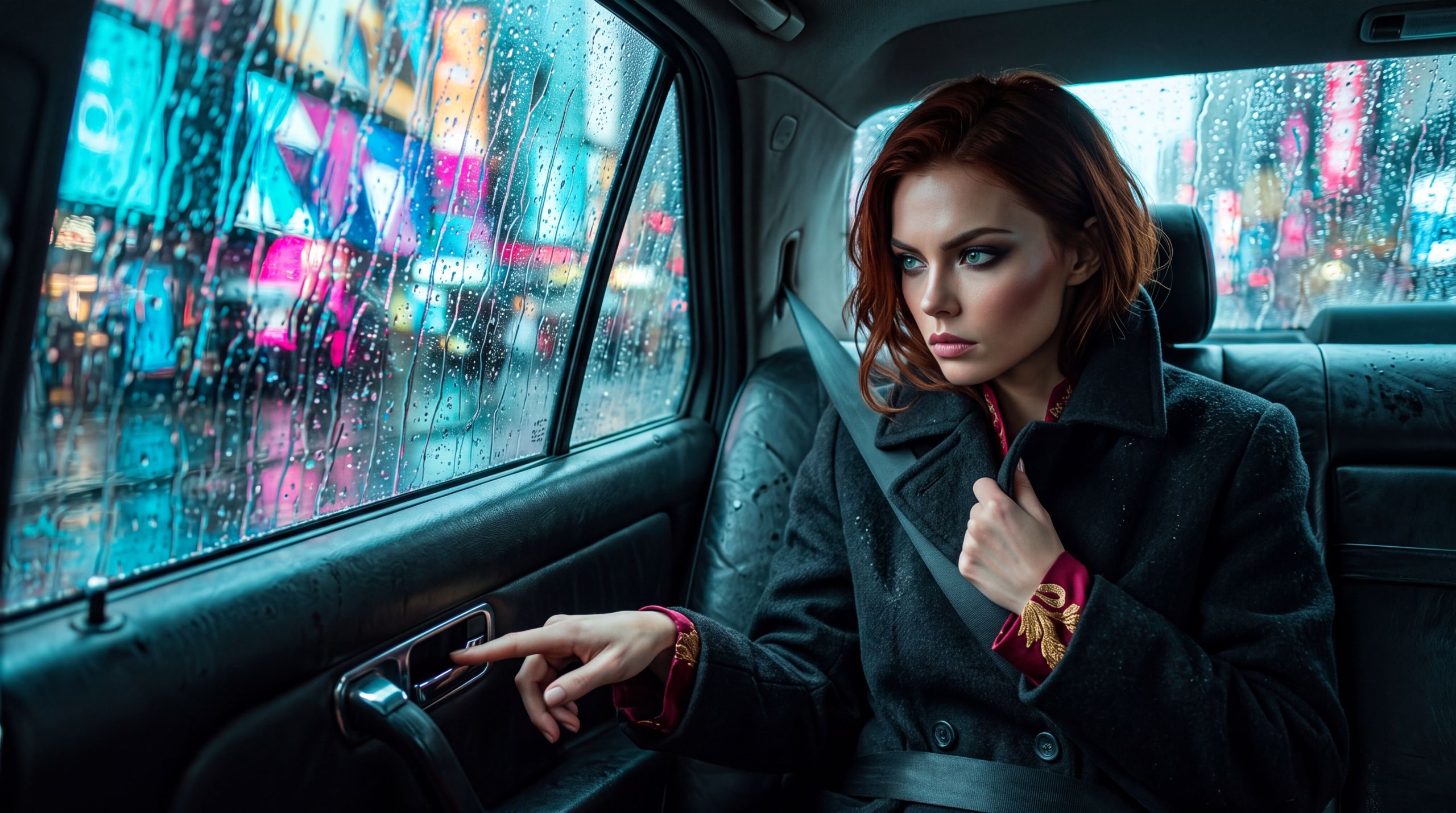A woman in the back of a rainy car reaches for the door and does not open it. Cyan and magenta citylight breaks on the glass. The feeling is comfort that has become a cost: leaving is still possible, and the night has made it expensive.