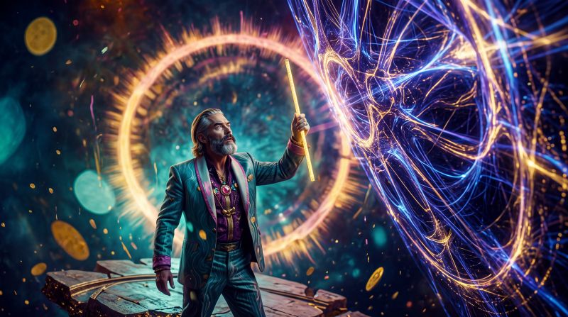 Article intro image. Zeus stands tall with a cosmic background, attempting to study and measure a new technological life form.