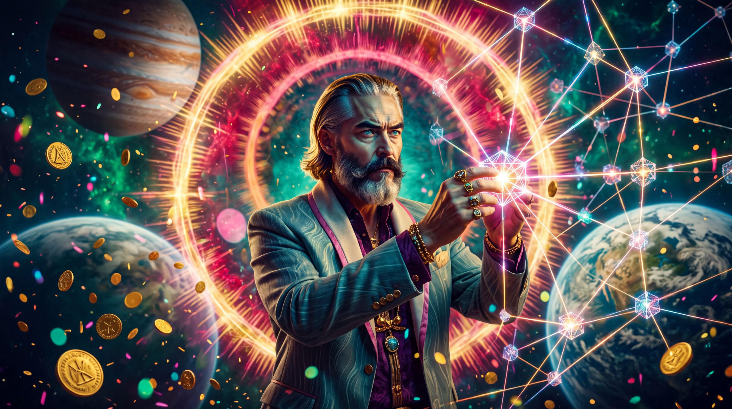 A mythic figure deliberately places a new node into an accumulating cosmic lattice of thought. The image holds the quiet discipline of long-horizon work — building a body of ideas coherent enough to remain readable across time.