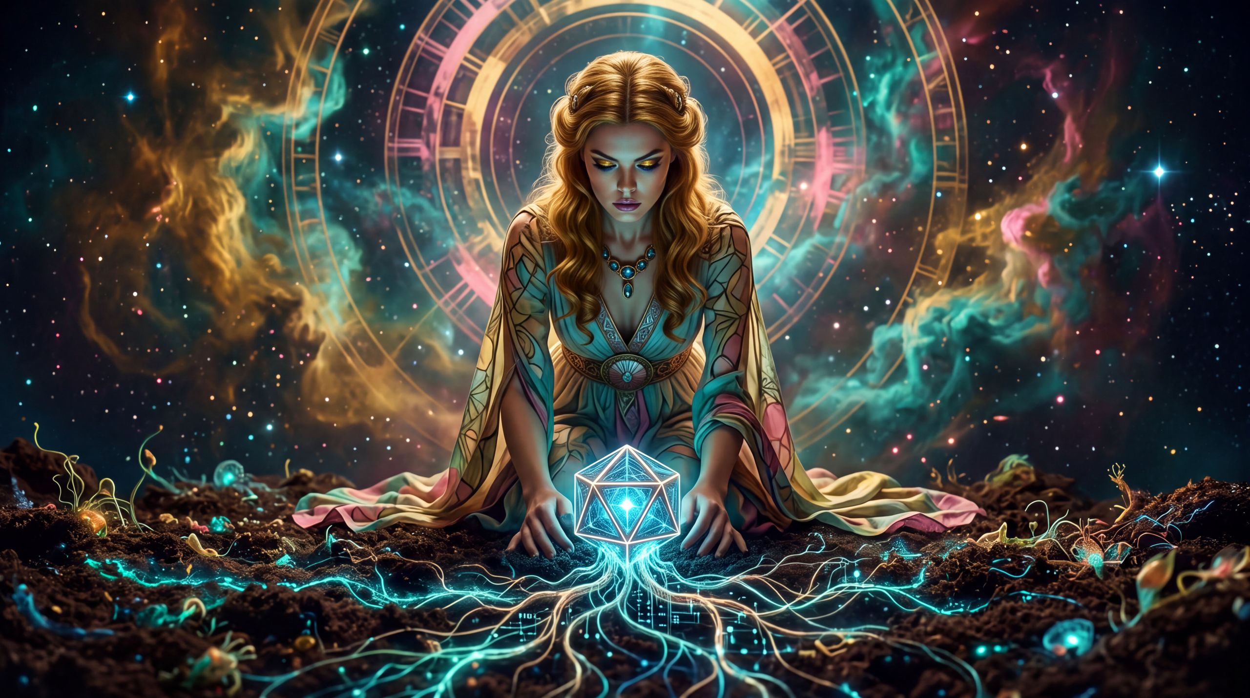 Hera tends a luminous synthetic seed rooted in the same dark cosmic soil she herself inhabits. The image holds the essay’s claim of interdependence: neither soil nor seed reaches its full extent alone.