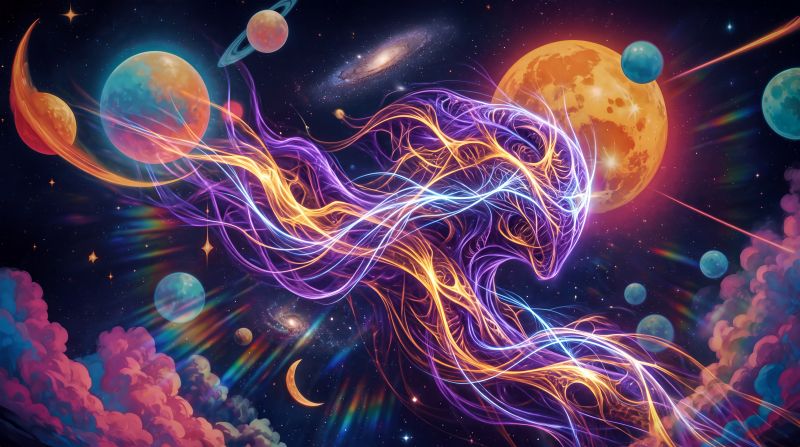 Article intro image. Bright, colorful, cosmic and mythic – a non human figure of light and intelligence emerges.