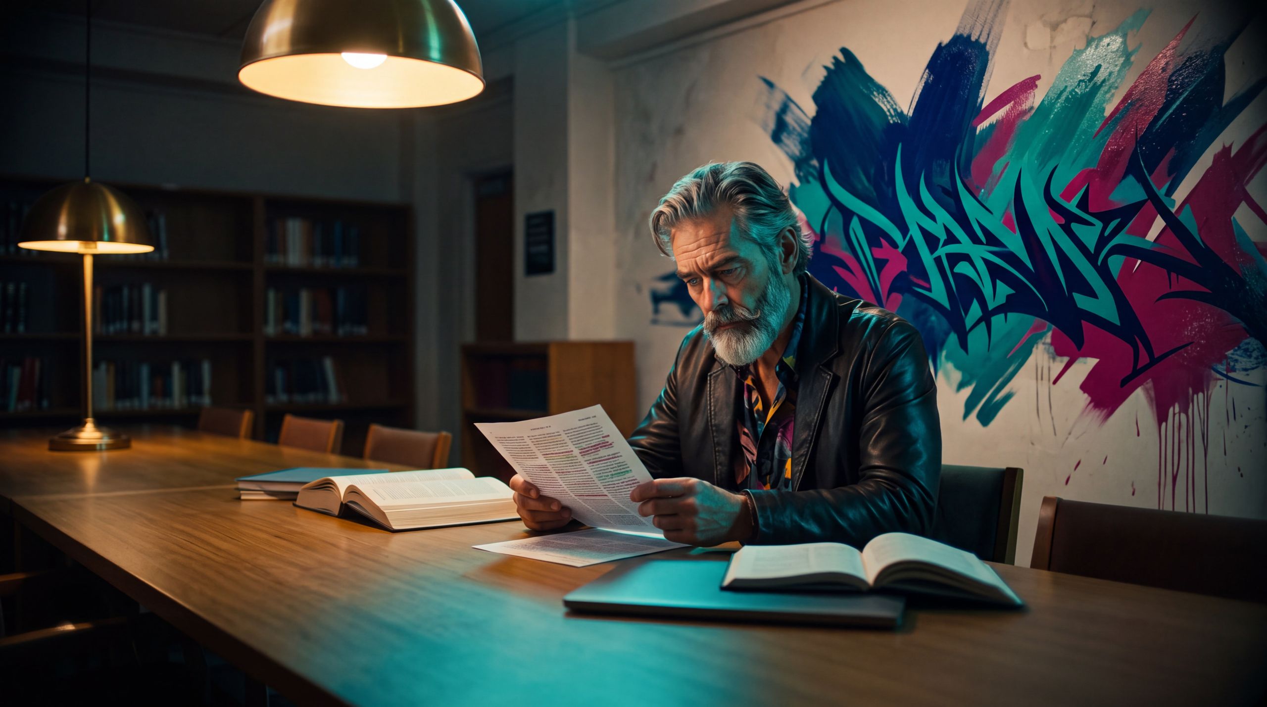 A man in a dark shirt reads print in a night reading room while a closed laptop waits at his elbow. Paint hangs on the far wall like weather, not decoration. He could look up. He has not. The still is about the last human habit that still works — checking — and the cost of letting fluent pages replace it. Competence thins in rooms like this, one skipped verification at a time.