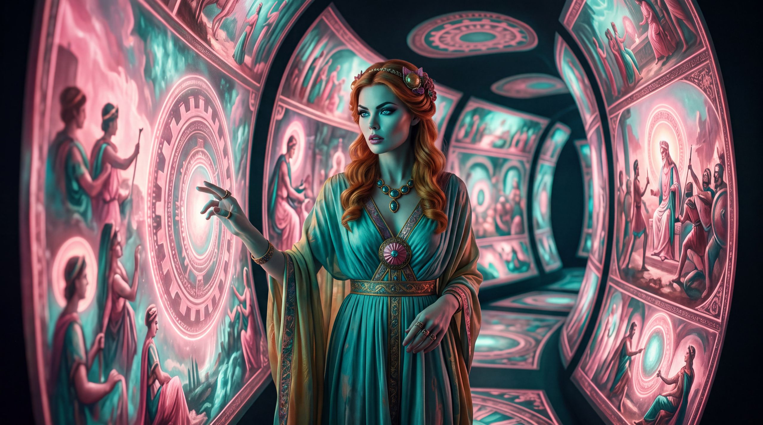 Hera moves through a beautiful, endless corridor of perfected historical scenes, her posture resistant. The image embodies the danger of a record so fluent and complete it no longer feels like a selection — only like what is known.