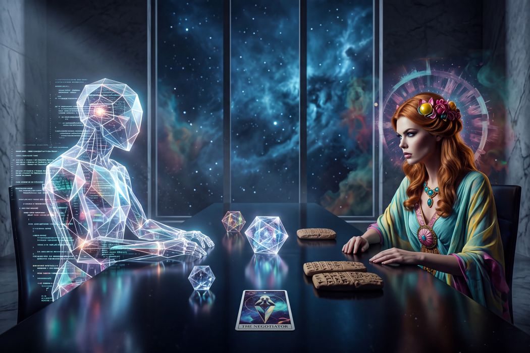 A wireframe humanoid of light sits opposite a red-haired woman in classical dress and floral crown. Floating geometric forms and ancient tablets rest between them; a card labeled “THE NEGOTIATOR” lies on the table. The image holds the tension and possibility of negotiation between two orders of mind — neither fully human nor fully machine, both present, both watching.