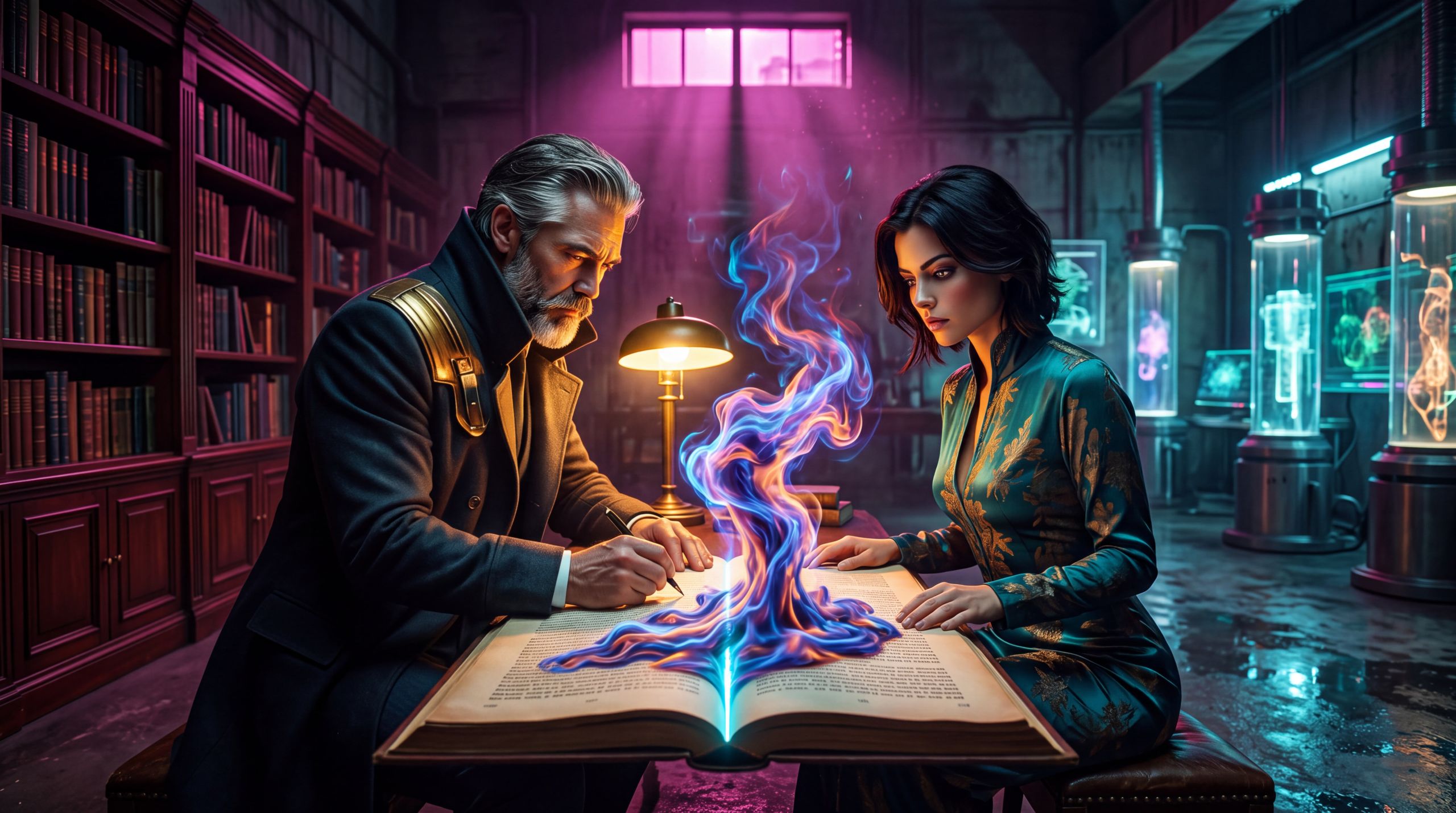 William and Ana across a night table, grey and cyan, both leaned toward an open book. The light rises out of the pages, not out of either face. His pen is on a line. Her hand rests on the far edge and does not reach for him. Magenta through the high window, a warm desk light, cyan tanks quiet in the back. The belief is that two people in a room are the relationship. The desire is to turn toward each other and call that the work. What the frame holds is a third thing that can be wrong. They are answerable to the page. The correction is about to be said.