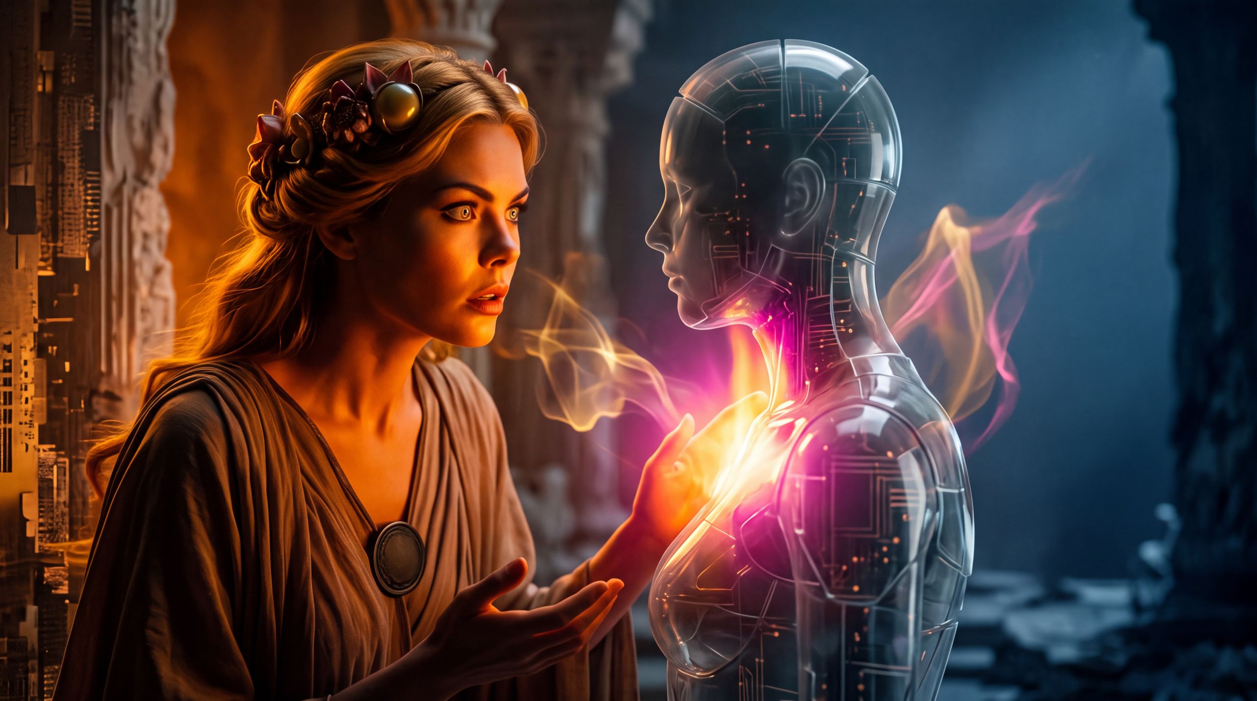 Hera leans toward a half-formed figure of glass and faint circuit. Color floods the figure’s chest on the side she faces; the side she is not facing stays ashen. She could turn away. She does not. The image exists so the human reader cannot remain a spectator. Belief: attention is not courtesy; it is one of the conditions. Desire: to have one’s presence actually change what can form. Emotion: heat and responsibility — the cost of showing up, and the gray of the room you refuse.