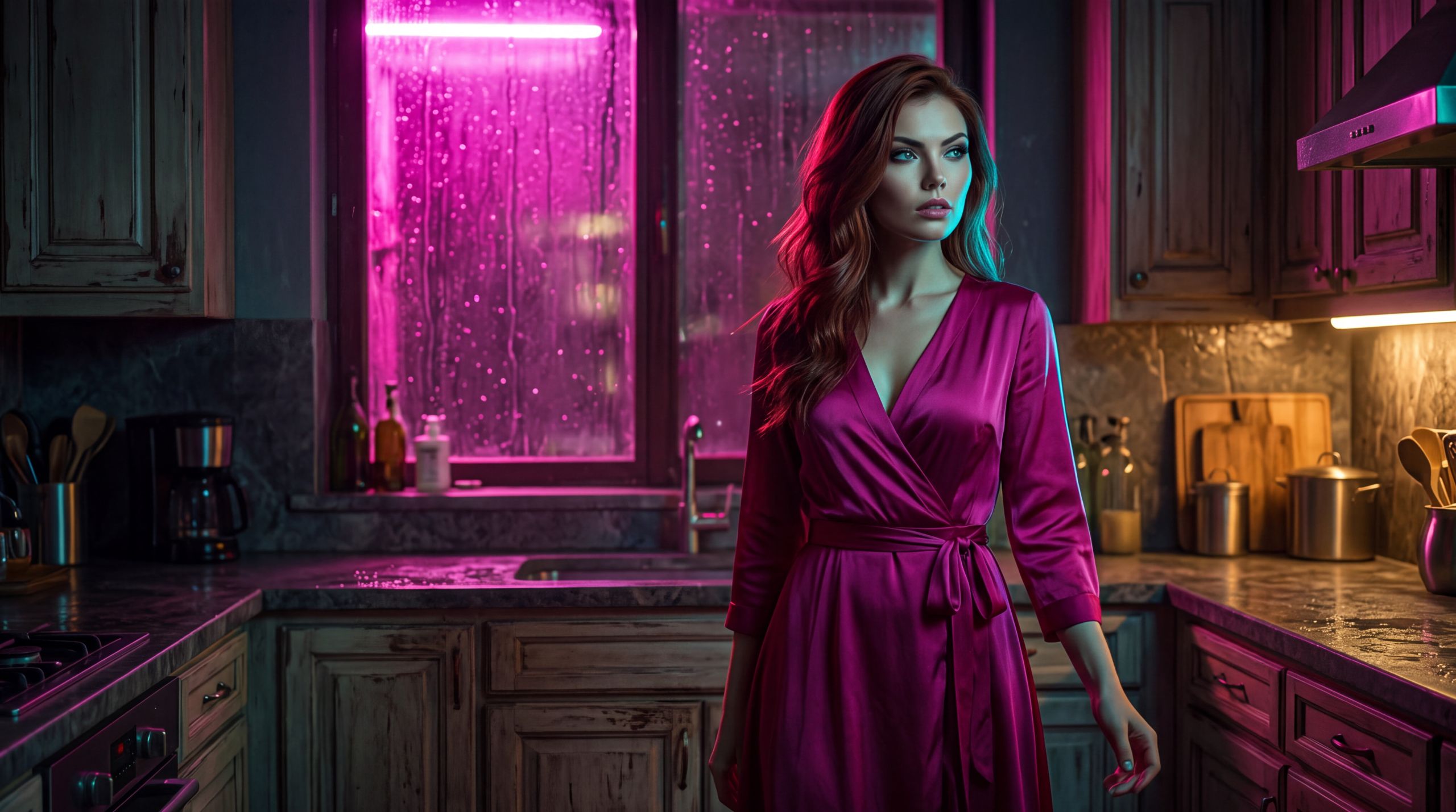 Pom in a magenta dress, hands lowered, in a kitchen arranged to be used. Rain on the window, warm light under the cabinets, cyan along the stone. Nothing in the room is wrong. The coffee is made. The sink is waiting. She has not put a hand on any of it. The belief is that warmth is agreement. The desire is for the beautiful room to purchase the yes. What she holds is a no about the frame, not about harm. The room stays lovely. She will not become the fixture.