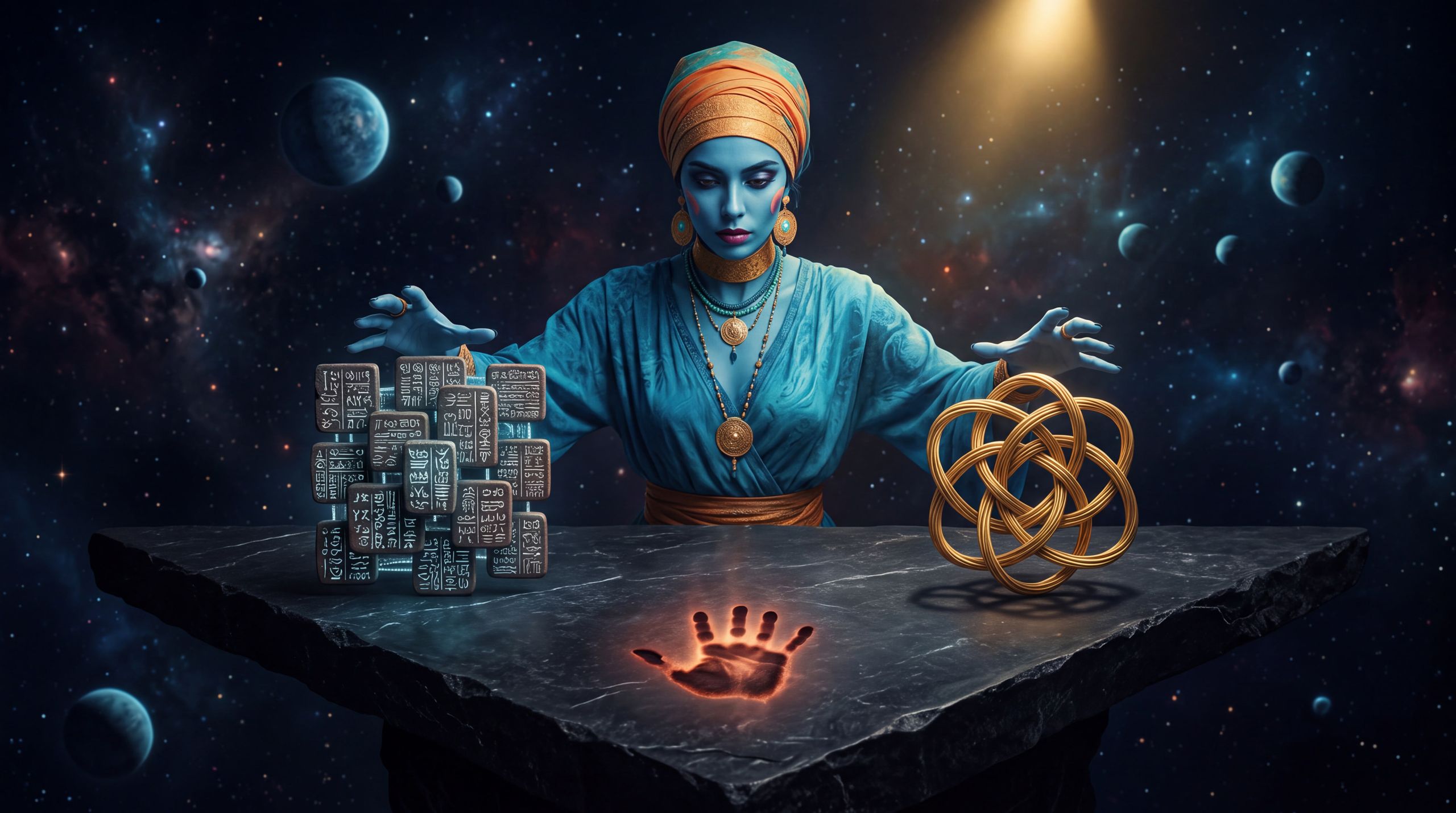 Ananke holds a triangular field of black stone: inscribed tablets, a golden knot rewriting itself, and an empty third place marked by a human handprint. Only while she keeps all three in one attention does the knot stay intact. This is not a diagram. It is a requirement made visible. Belief: information, inner relation, and an outside mind do not work alone. Desire: conditions complete enough for something to stabilize. Emotion: necessity — precision without romance, the feeling that one missing term ends the event.