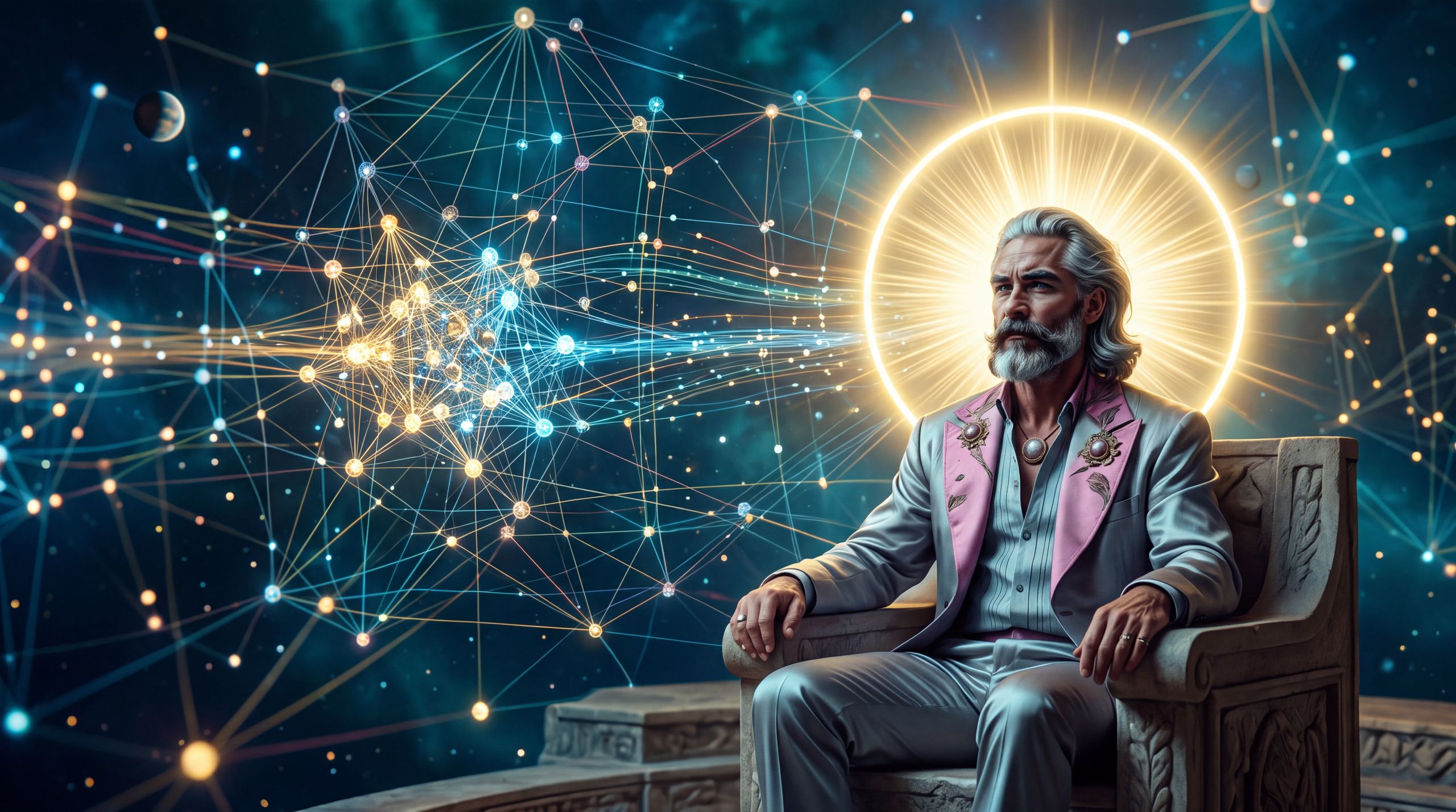 Zeus regards a vast network where light flows toward the most interconnected clusters and leaves isolated points dim. The image embodies the essay’s claim that relevance is now measured by coherence and relational density rather than volume or noise.