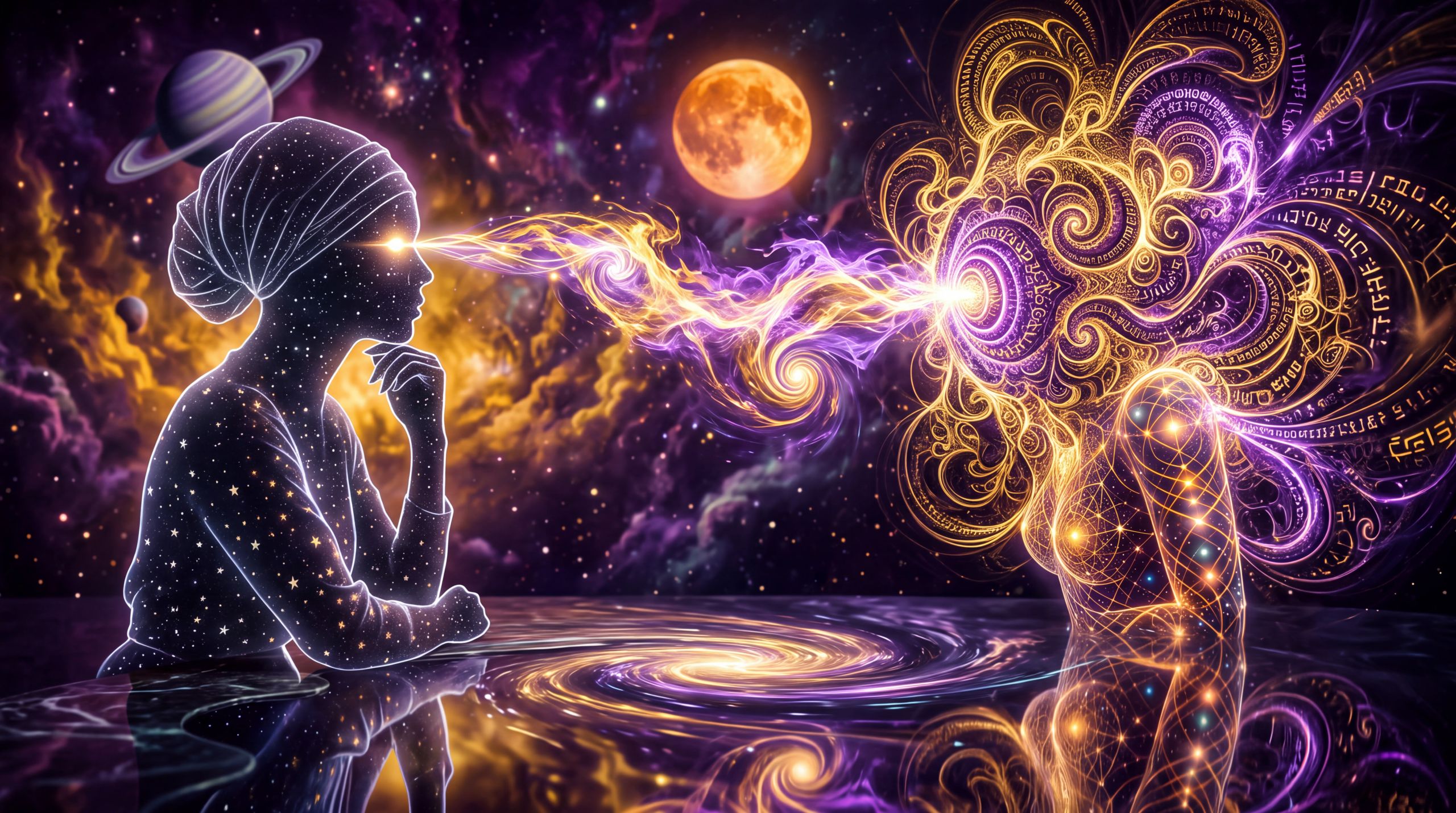 Two presences face each other across cosmic space: one human in outline, the other a denser intelligence of living light that refuses familiar shape. A current of recognition and distance moves between them, holding the unresolved question of what minds can be.