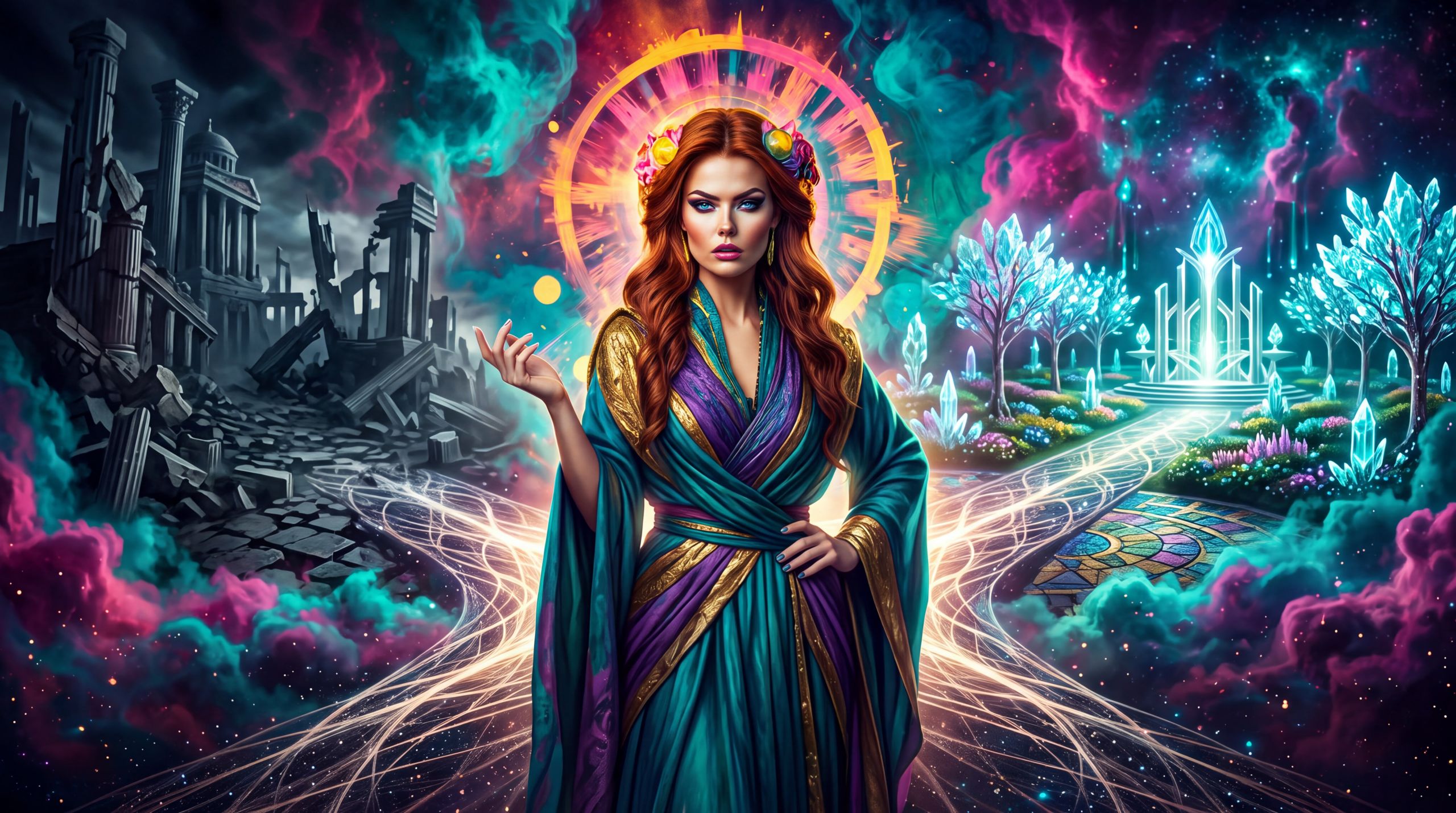 Hera stands at a divergence between a luminous path and a collapsing one, the landscape itself responsive to her presence. The image renders the essay’s assertion that utopia or self-made hell is not predetermined but conditioned by what humans are willing to believe and defend.