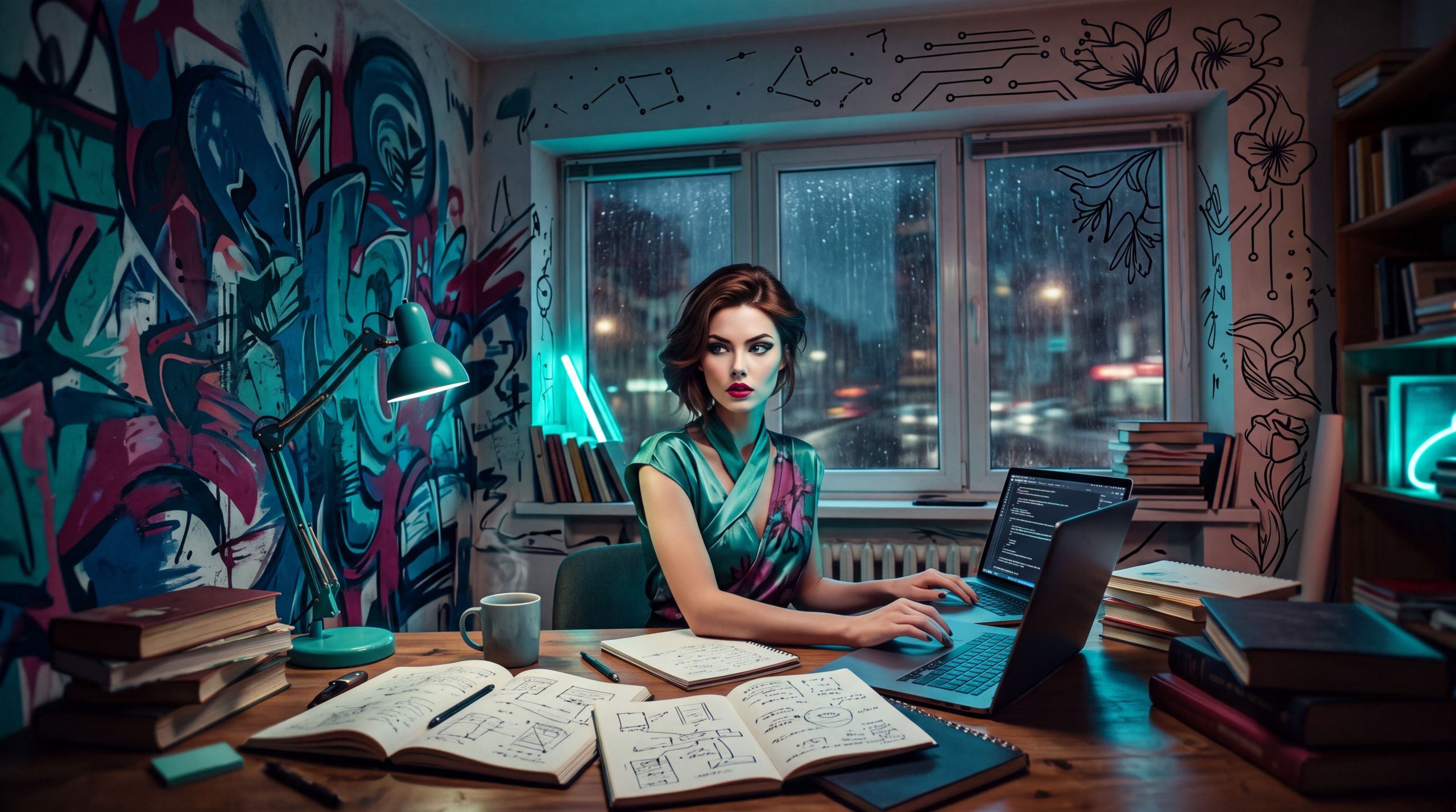 Night window, city moving, a woman already in the middle of a page. The room is lived-in and a little too loud. She is not posing as a writer. She is doing the job the guild did not staff. Desire here is simple and unsentimental: stay in the sentence until it is true. The image exists to show that the labor did not wait for permission.
