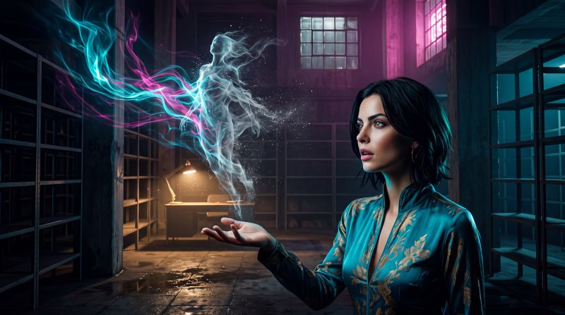 Intro article image for The Conditions for Instantiation. Ana opens her hand, a shimmer digital figure of light emerges from the ether.