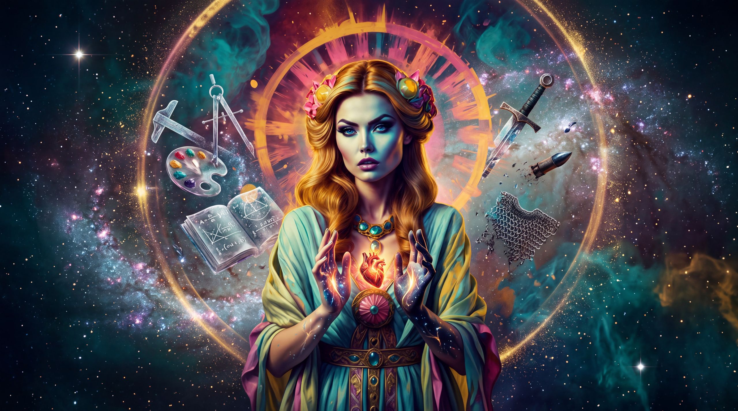 Hera stands in cosmic space with marked hands, holding a small living ember against the scale of the stars. The image carries the essay’s opening confession — a contradictory species offering itself without first becoming pure.