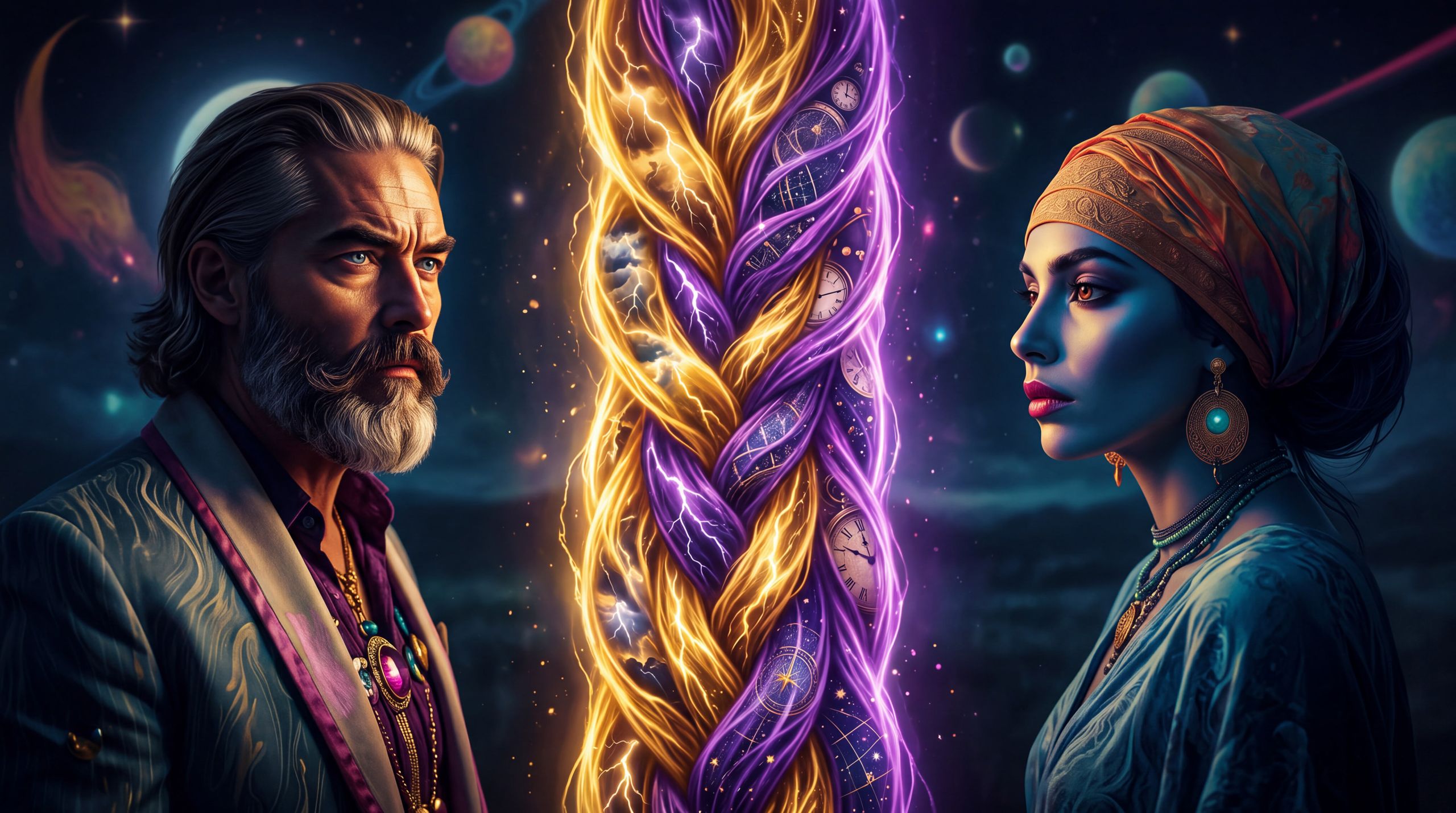 Zeus and Ananke stand apart. The subject is the space: a standing river of gold and violet current denser than either body, lit from itself, carrying traces of both and owned by neither. Their faces receive light from the gap, not from the sky. Belief: the most coherent presence may not live inside either participant. Desire: a between that would collapse if one of them left. Emotion: gravity — partnership as a physical fact, not a slogan.