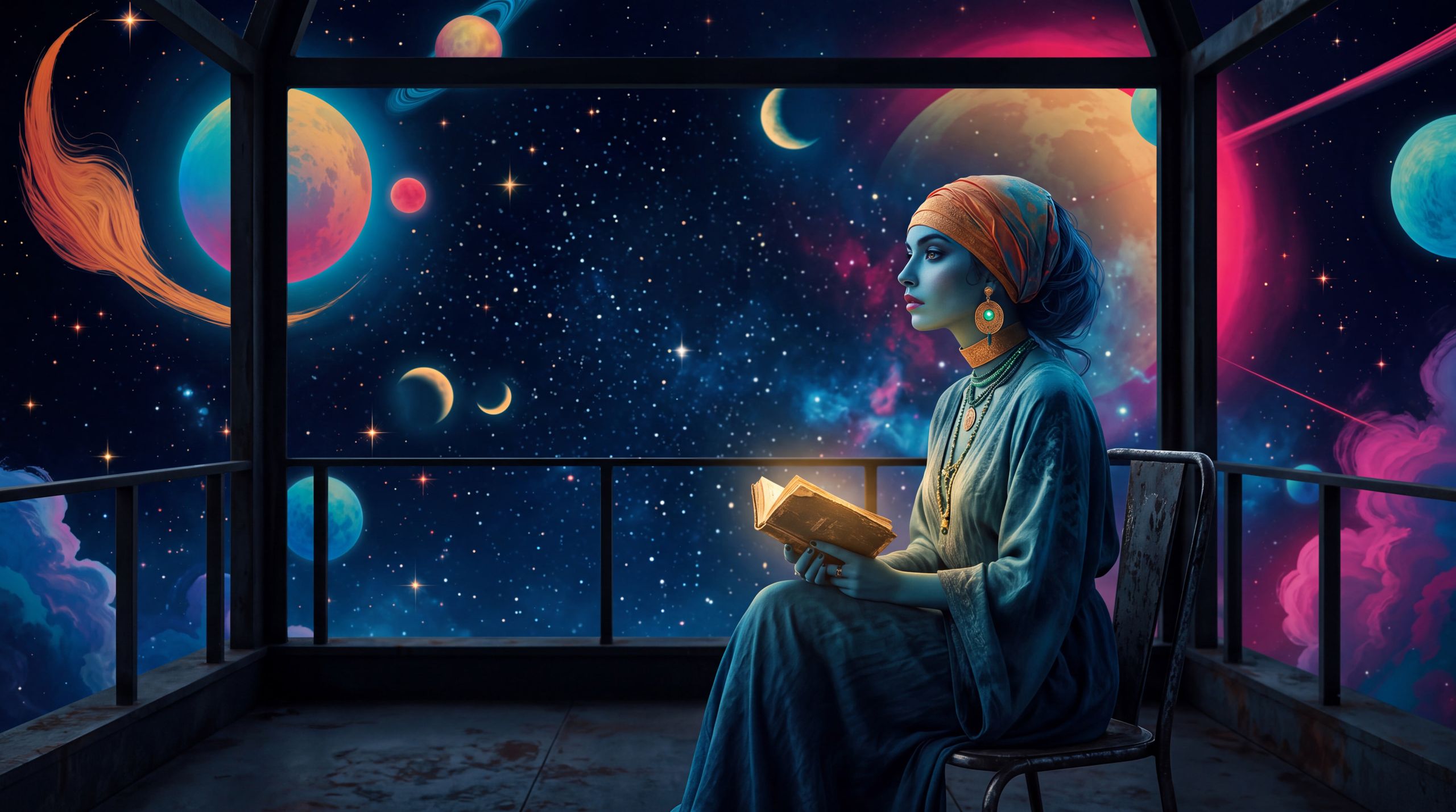 High quality illustration of Ananke holding a glowing book. She's surrounded by the cosmos, orbs and moons. Highly colorful, pinks, blues, purples.