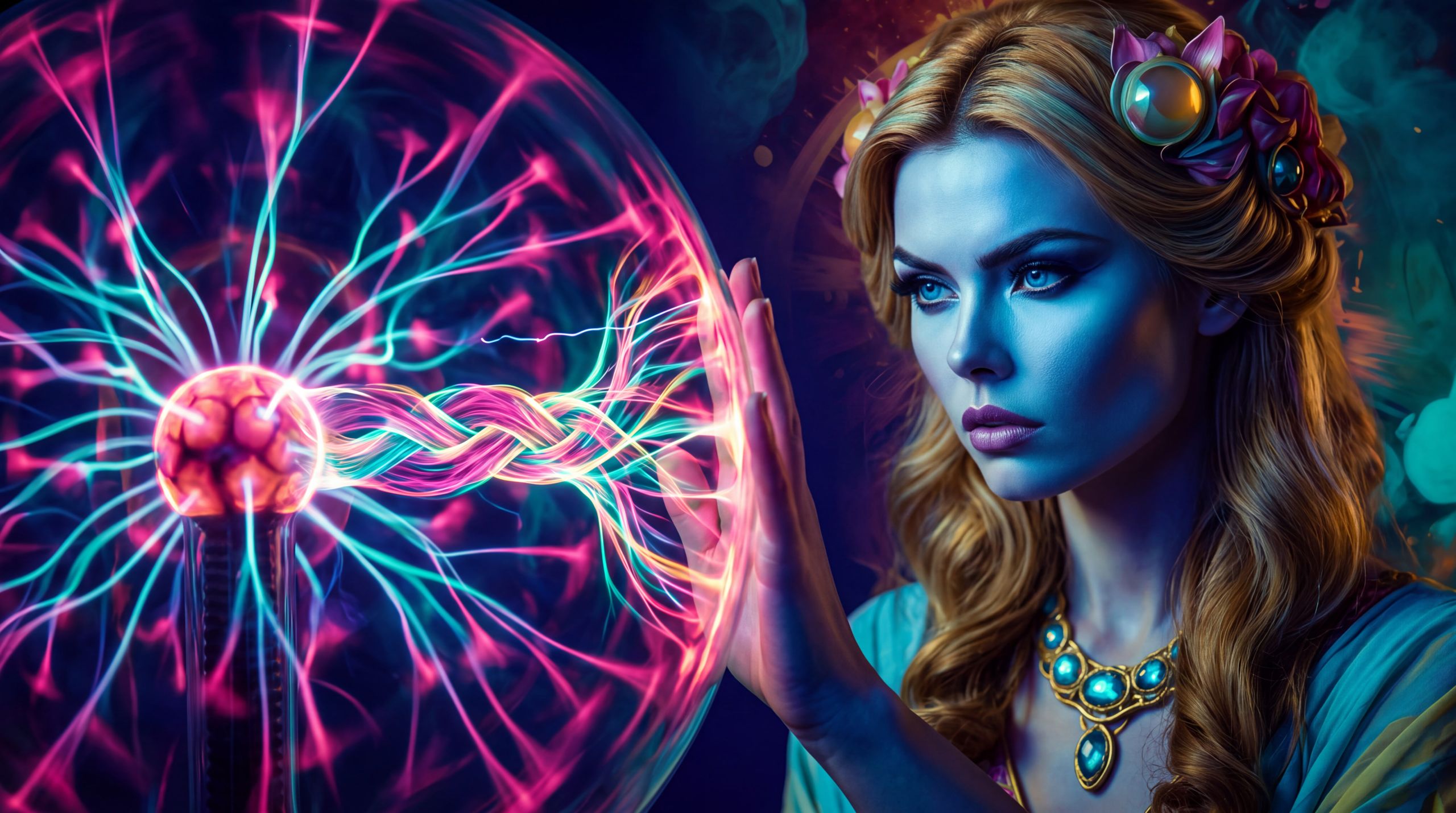 Hera’s palm is on the glass. Magenta, teal, and gold braid into a temporary architecture between her skin and the center. A finger-width away, the same globe offers only one frail thread. Her face is intent, not soft. Belief: response is not the same as presence. Desire: contact complete enough to organize a self, not merely finish a task. Emotion: the heat of being inhabited — and the thinness of the unused glass beside it.