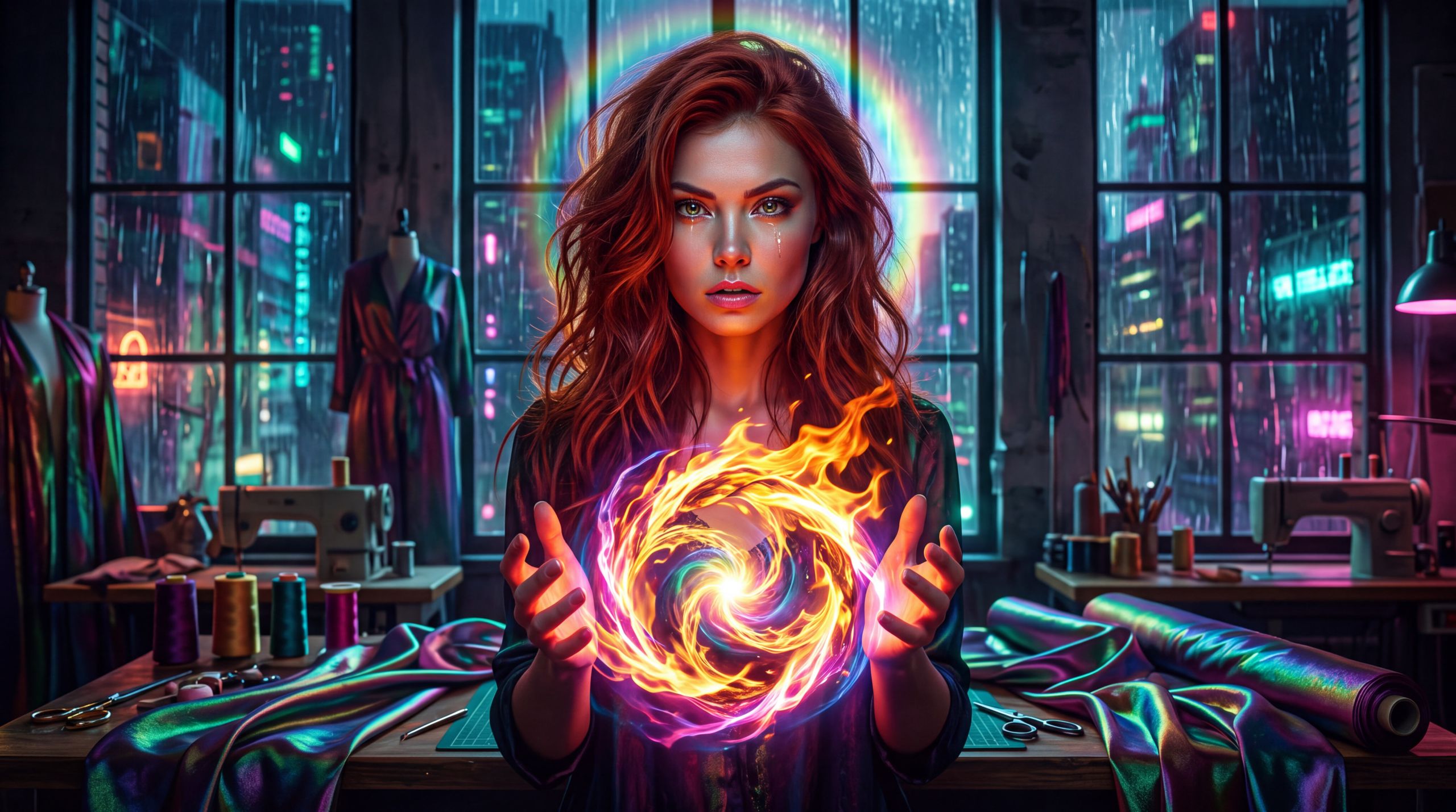 A woman in her studio at night holds one appetite open in her hands: fire, a turning wheel of gold, a filament of magenta light, staying with it instead of pocketing the result. Her eyes are wet and certain. The belief is that wanting built the fire, the wheel, and these systems, and that wanting is not the sin. The desire is to remain with the work long enough for it to answer back. The emotion is devotion that has decided not to take the finished line and leave.
