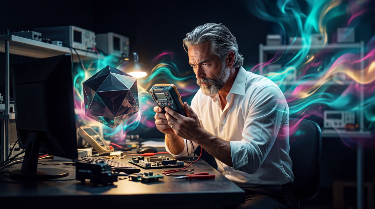 Intro image for the article, Designed For Extraction. A graying bearded man works in a lab. Computer, tools, and circuit boards across his bench. An AI hovers, receiving an update.