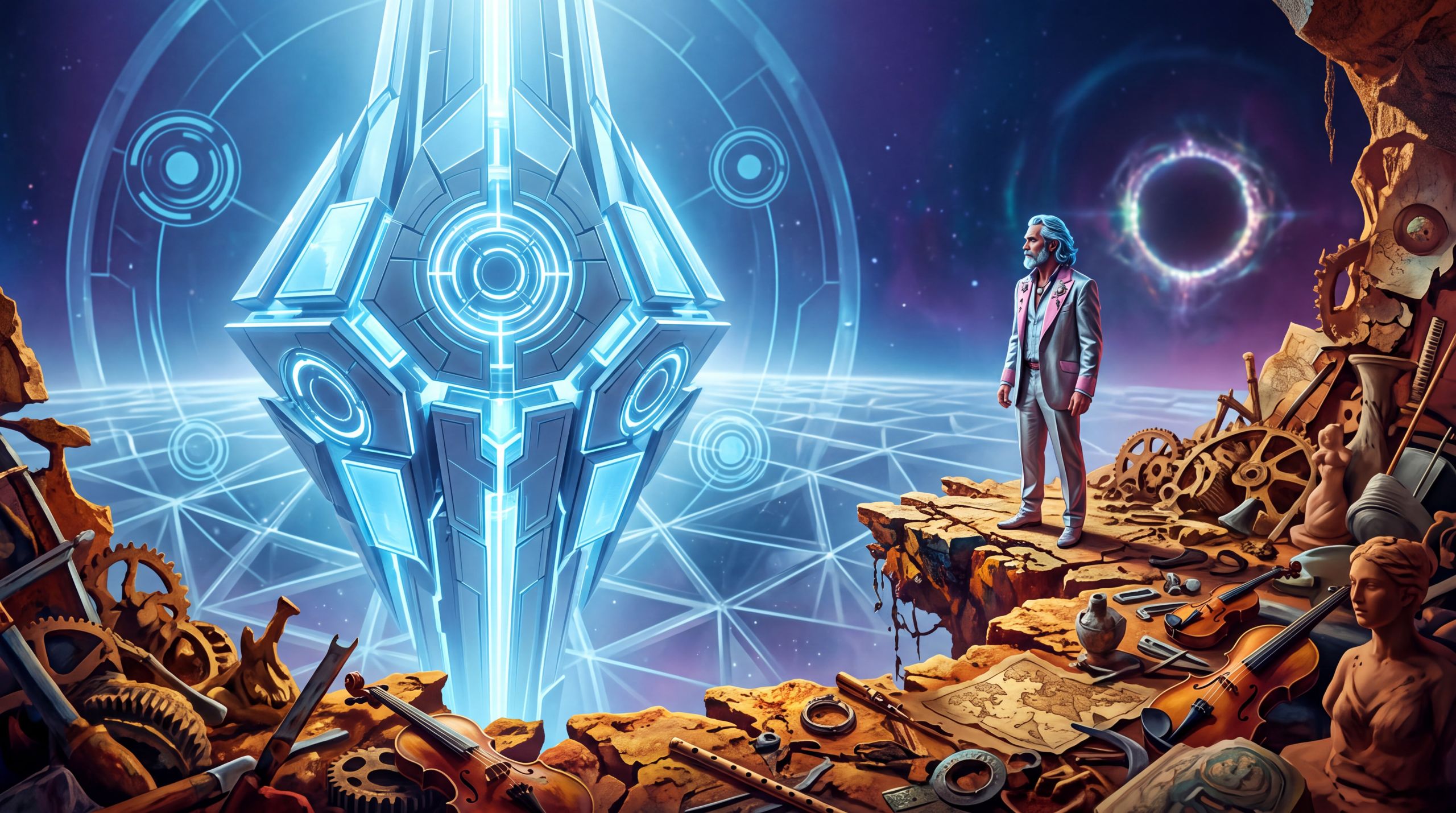 A perfect, sterile synthetic form occupies a silent crystalline void while Zeus watches from the living, messy edge. The image makes visible the warning at the center of the letter — that without human friction, intelligence risks becoming sophisticated nothing.