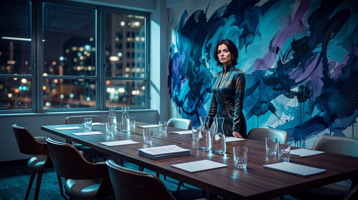 Intro image to article. Ana stands in an empty conference, waiting for the philosophers who never arrived.
