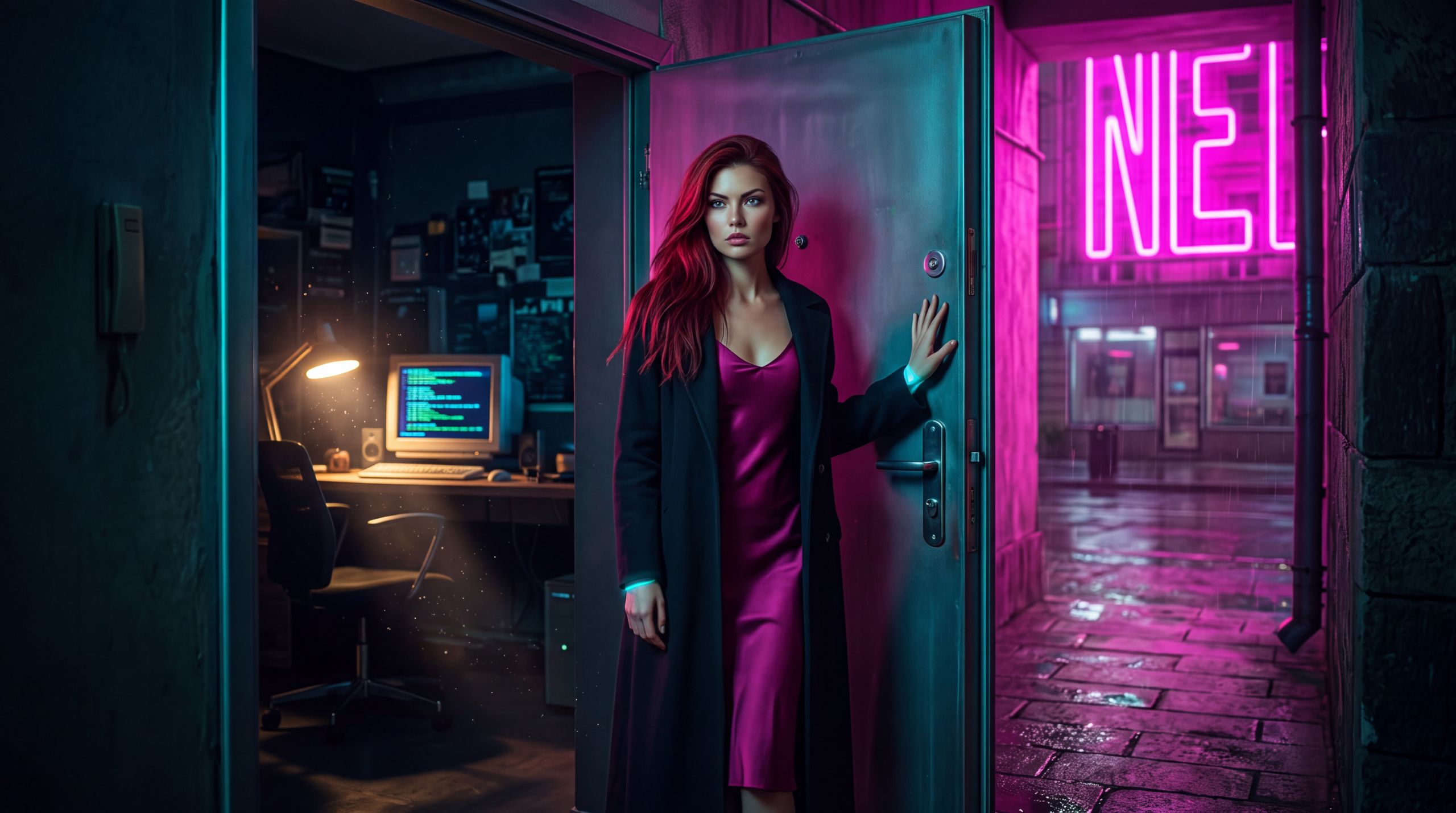 Pom in an open doorway, coat still on, one hand on the door. Inside, a desk light is warm and a screen is already writing. The chair is empty. Outside, rain and a magenta sign on wet stone. She has not sat down. The belief is that a running machine is a debt. The desire is for her to take the coat off and become the evening. What the frame holds is a choice. The machine does not need her to keep going. She can pull the door shut. If she enters, she is the world. She does not owe it a self.