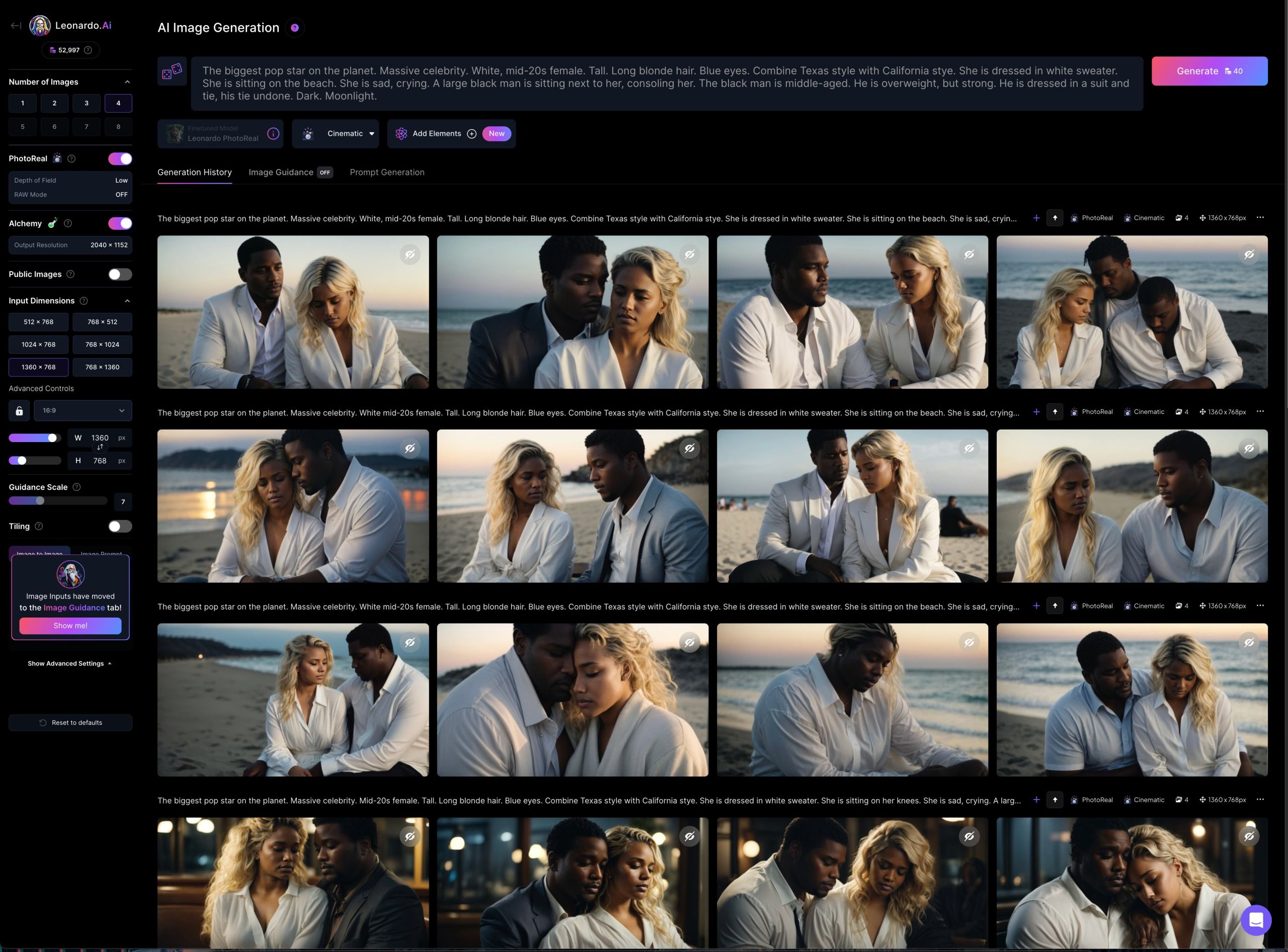 AI image generation struggles to mix races of characters in a single frame. Cannot generate a white woman and black man – both characters have to be of the same ethnicity.